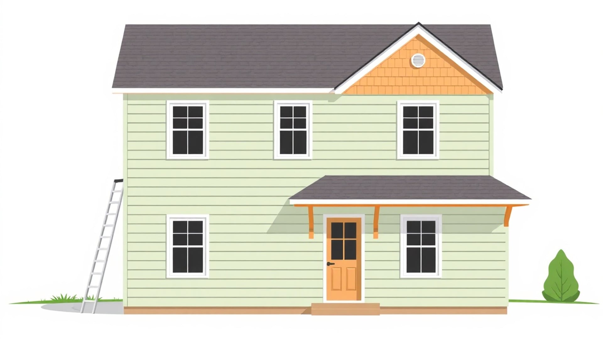 Illustration of a two storey house clad in pale green horizontal siding with a shingled gable and a ladder