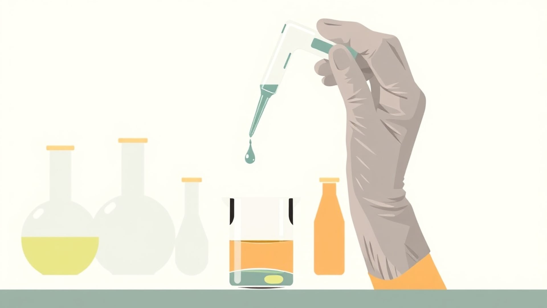 Illustration of a gloved hand releasing a drop from a pipette into a beaker beside glass flasks on a lab bench