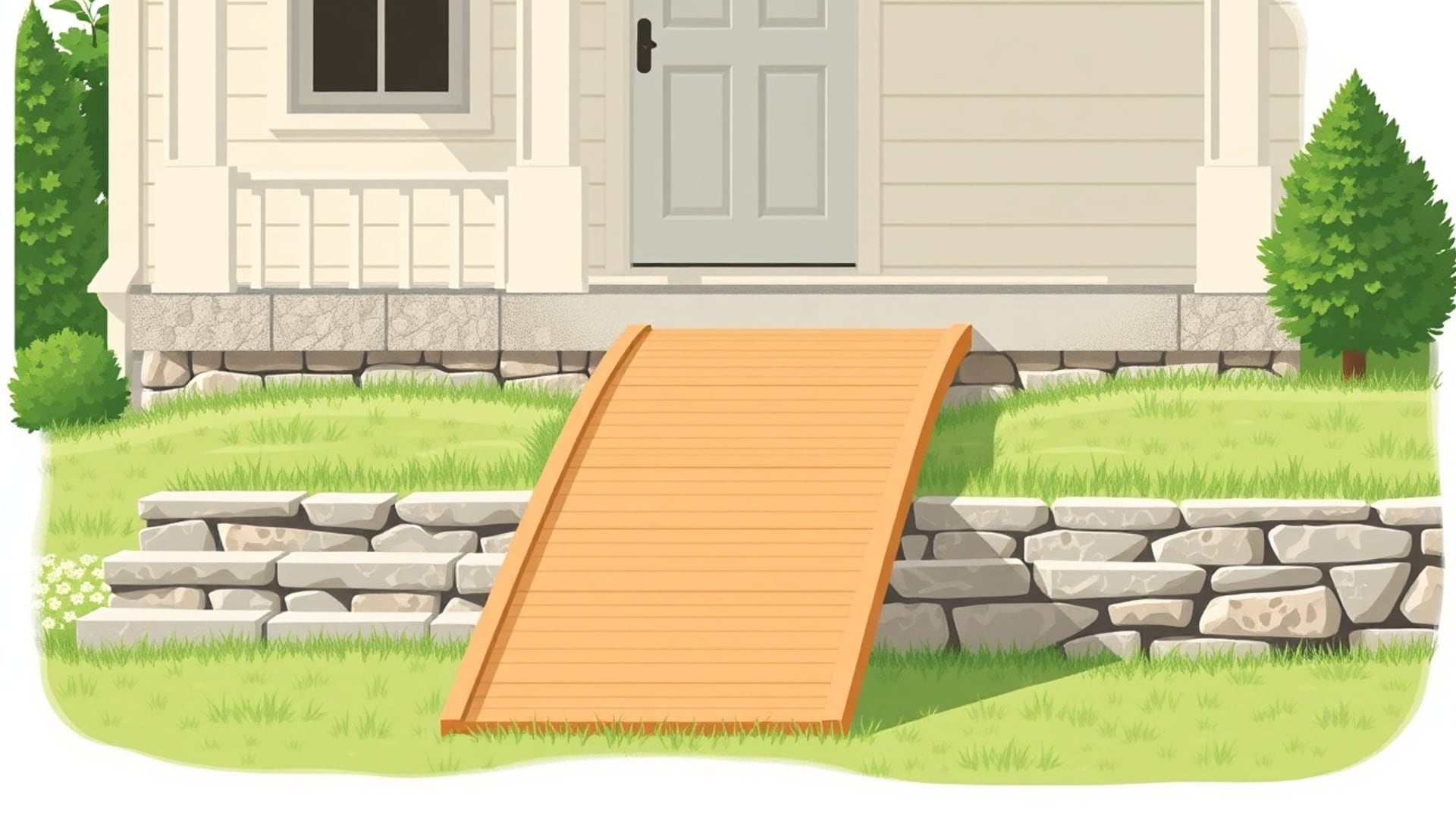 Illustration of a wooden ramp rising over stone steps toward the porch of a white house
