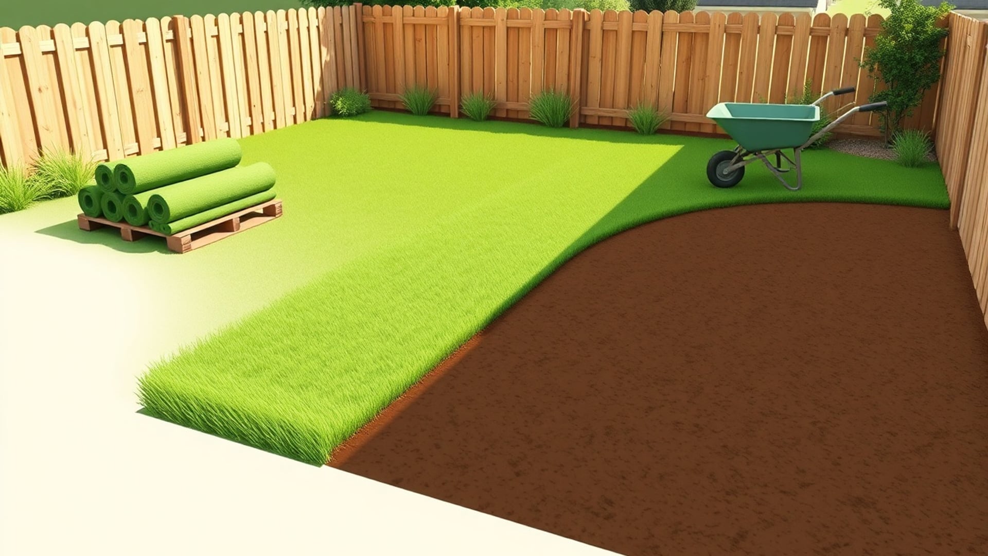 Illustration of a fenced back yard part laid with green sod beside bare soil, sod rolls on a pallet and a wheelbarrow