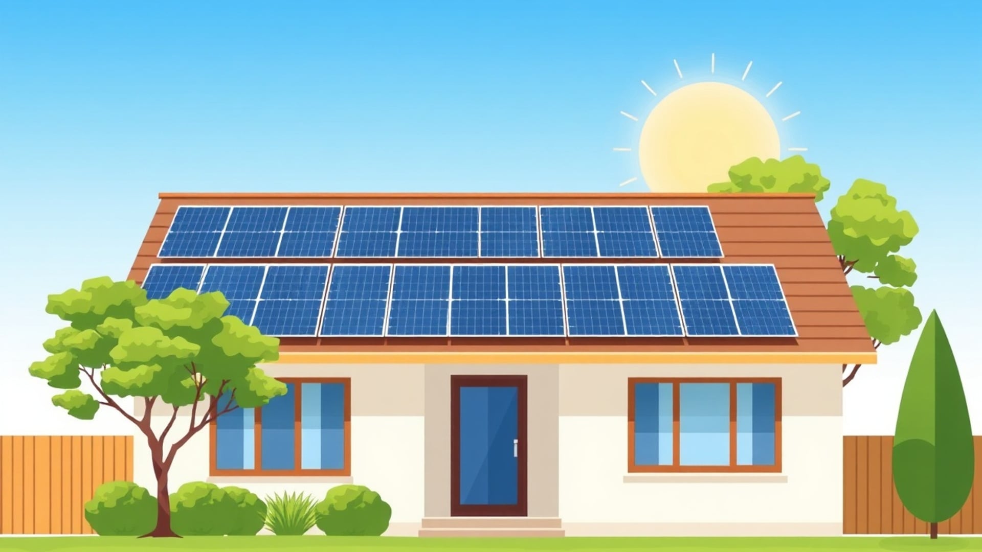 Illustration of a house roof with rows of dark blue solar panels under a clear blue sky