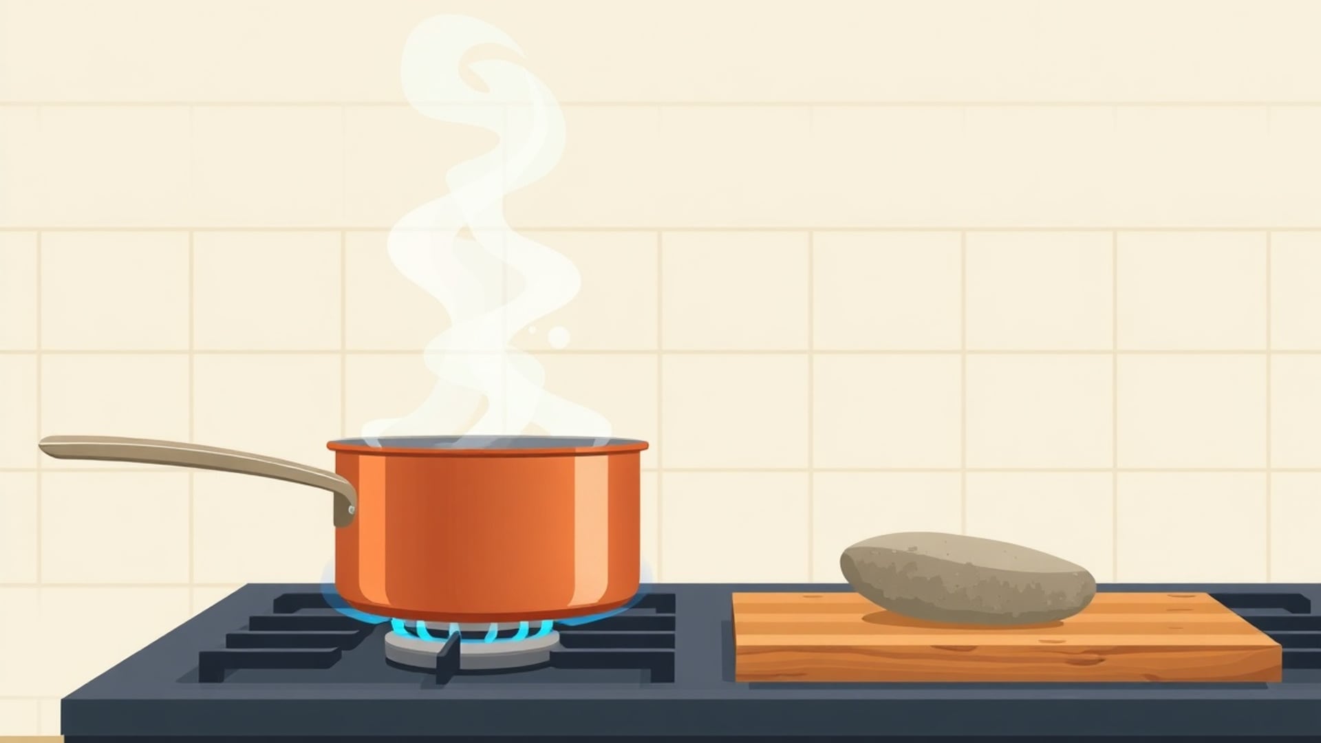 Illustration of a copper saucepan of steaming water on a blue gas flame beside a steel spoon and a stone