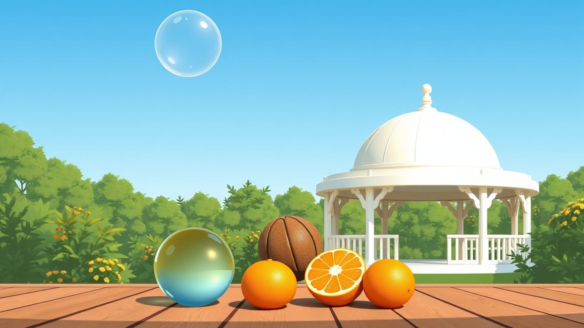 Illustration of a glass ball, a basketball and oranges on a wooden deck before a white domed gazebo and a soap bubble