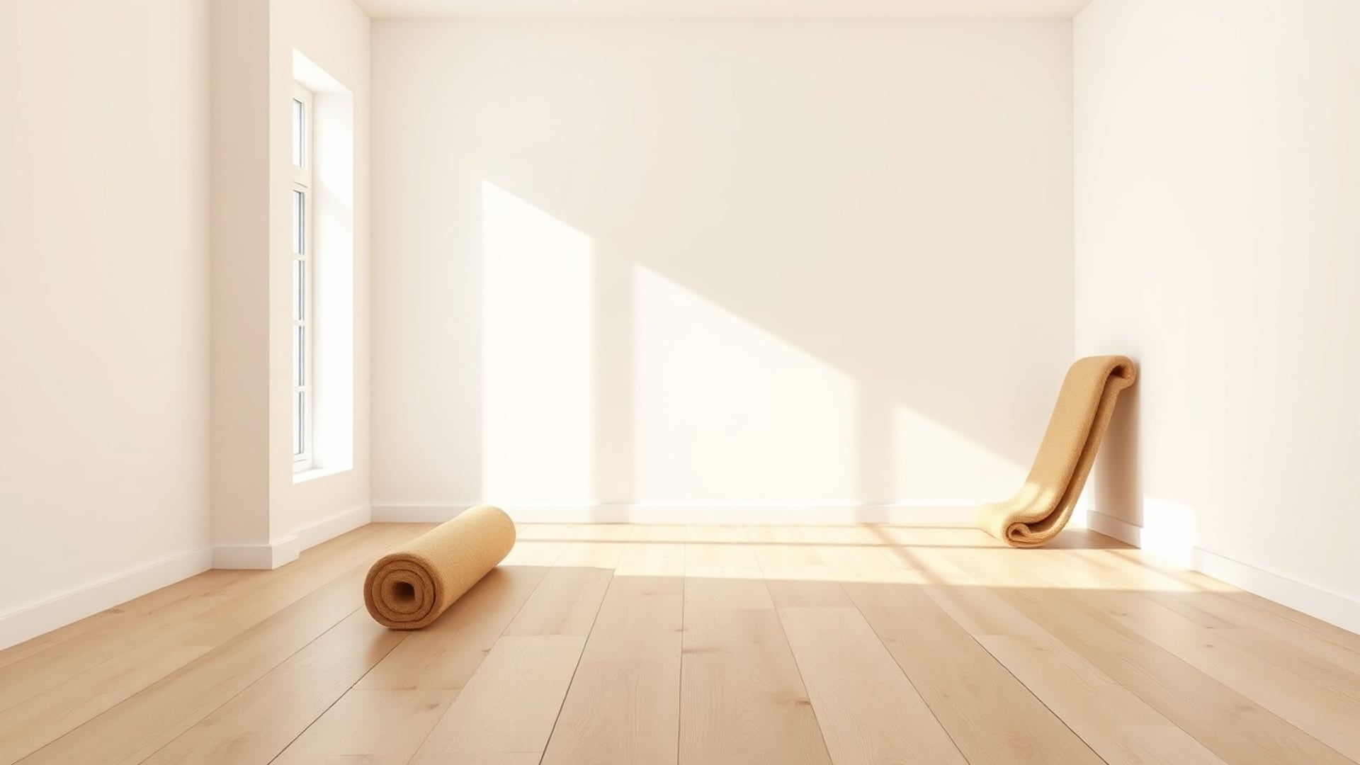 Illustration of an empty room with a light oak floor, rolled carpets and sunlight from a tall window