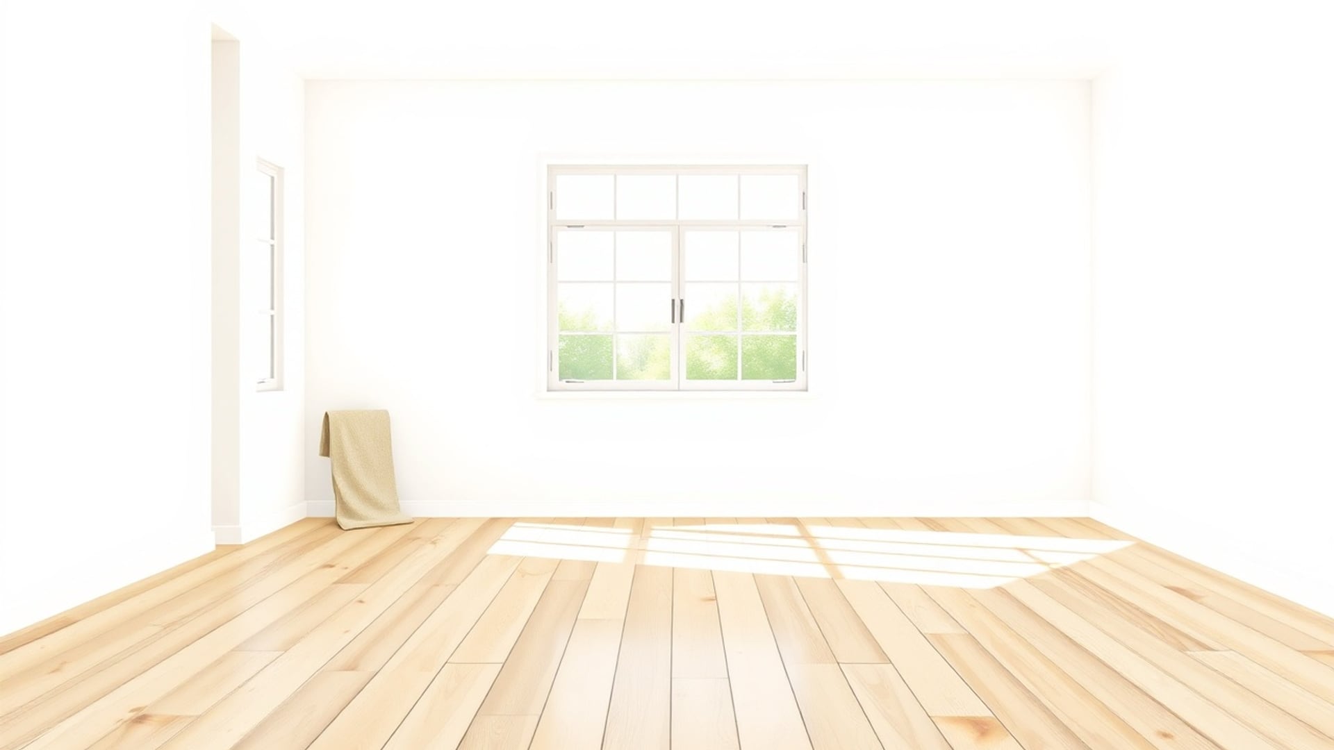 Illustration of an empty sunlit room with light oak floorboards, a window and a folded cloth in one corner