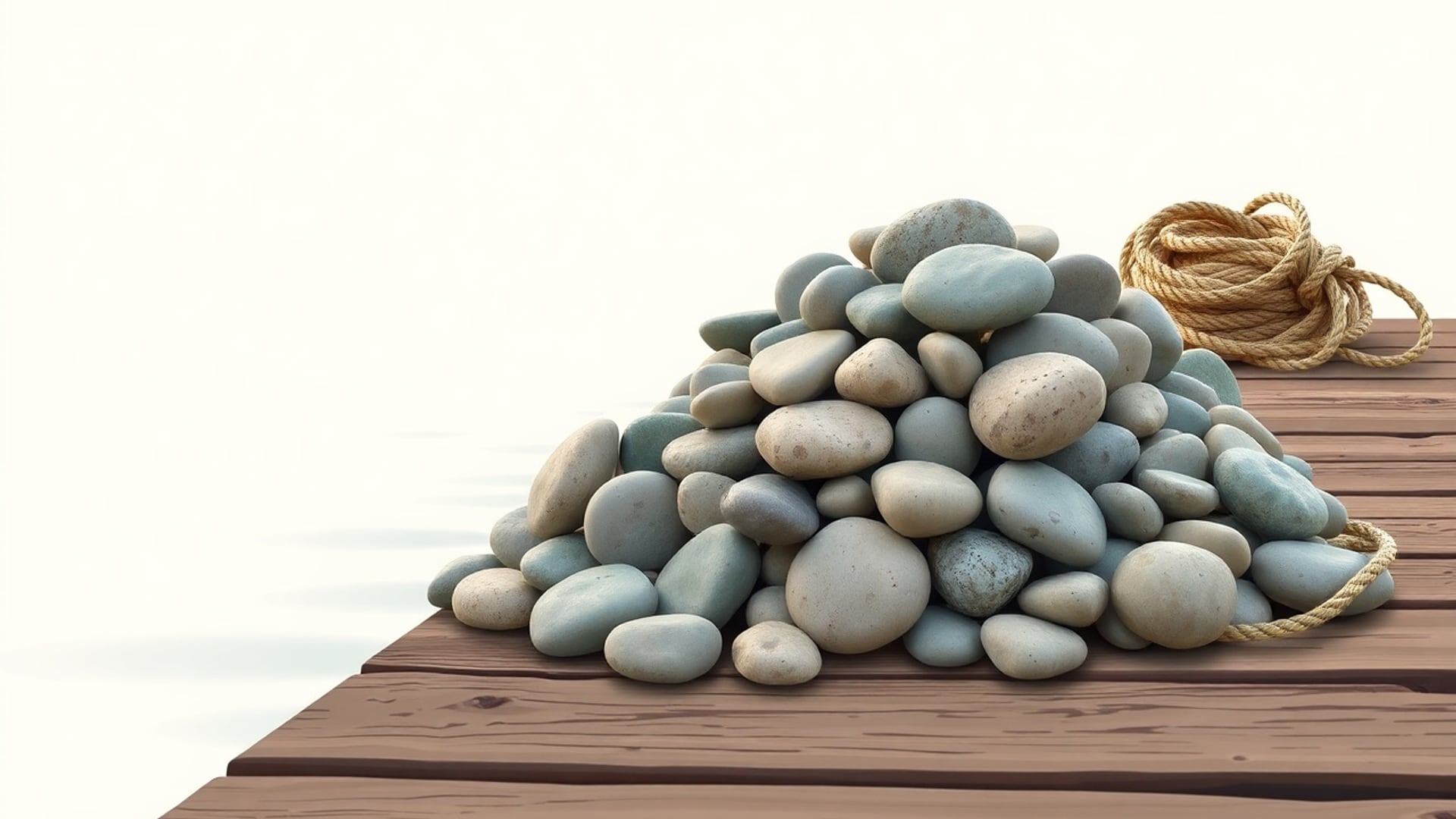 Illustration of a pile of smooth grey river stones and a coil of rope on a wooden jetty