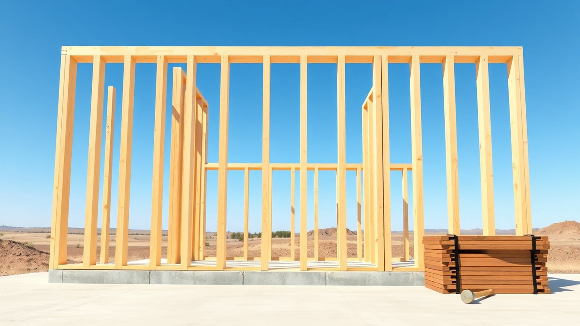 Illustration of newly framed pine stud walls on a concrete slab, with a strapped stack of lumber and a hammer