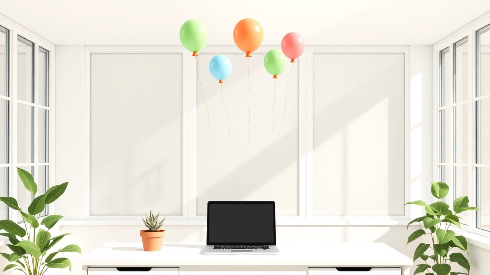 Illustration of pastel balloons floating above a white desk with an open laptop and potted plants in a bright room