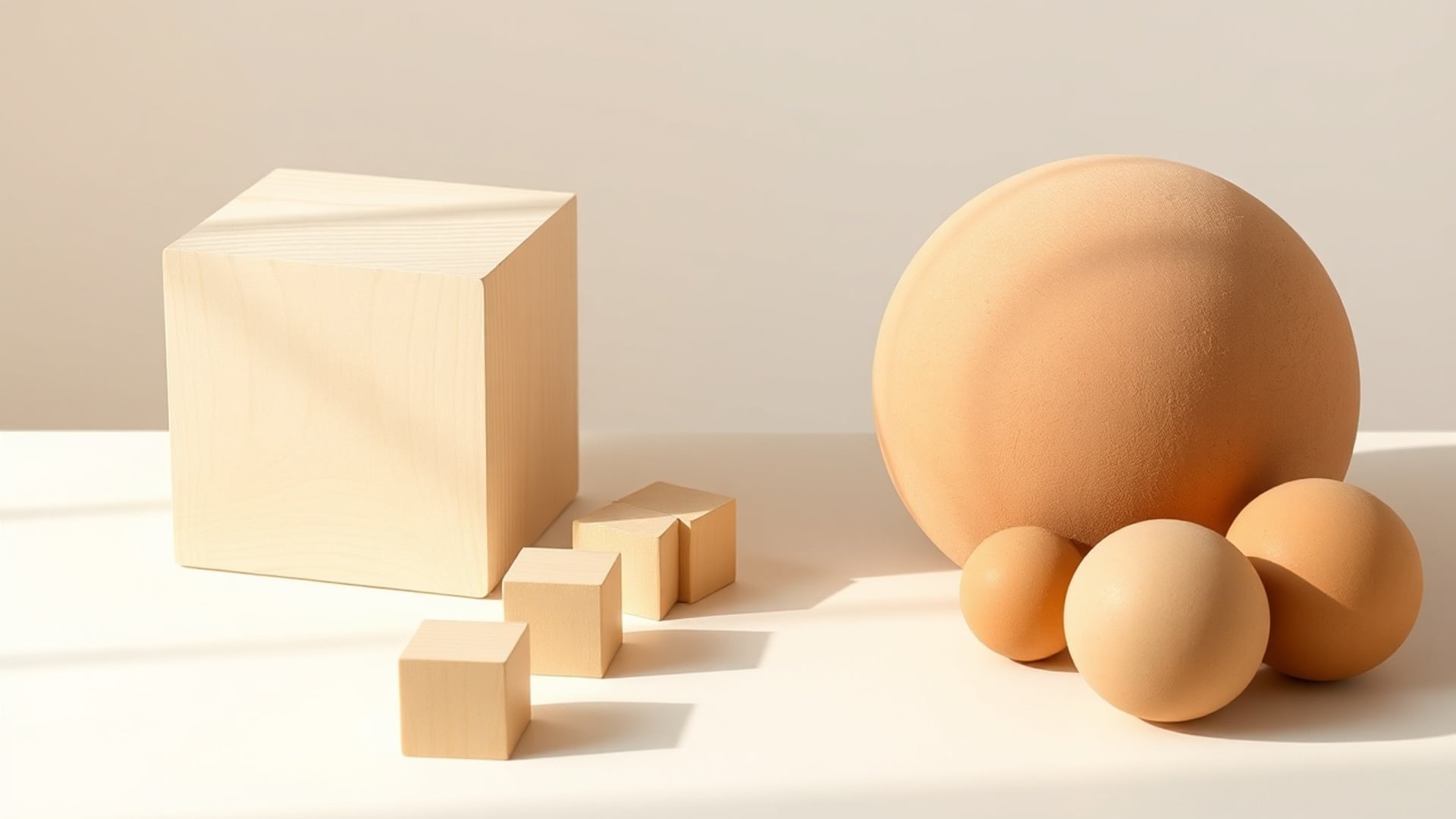 Illustration of a large wooden cube beside four small wooden cubes, and a large clay sphere beside three small ones