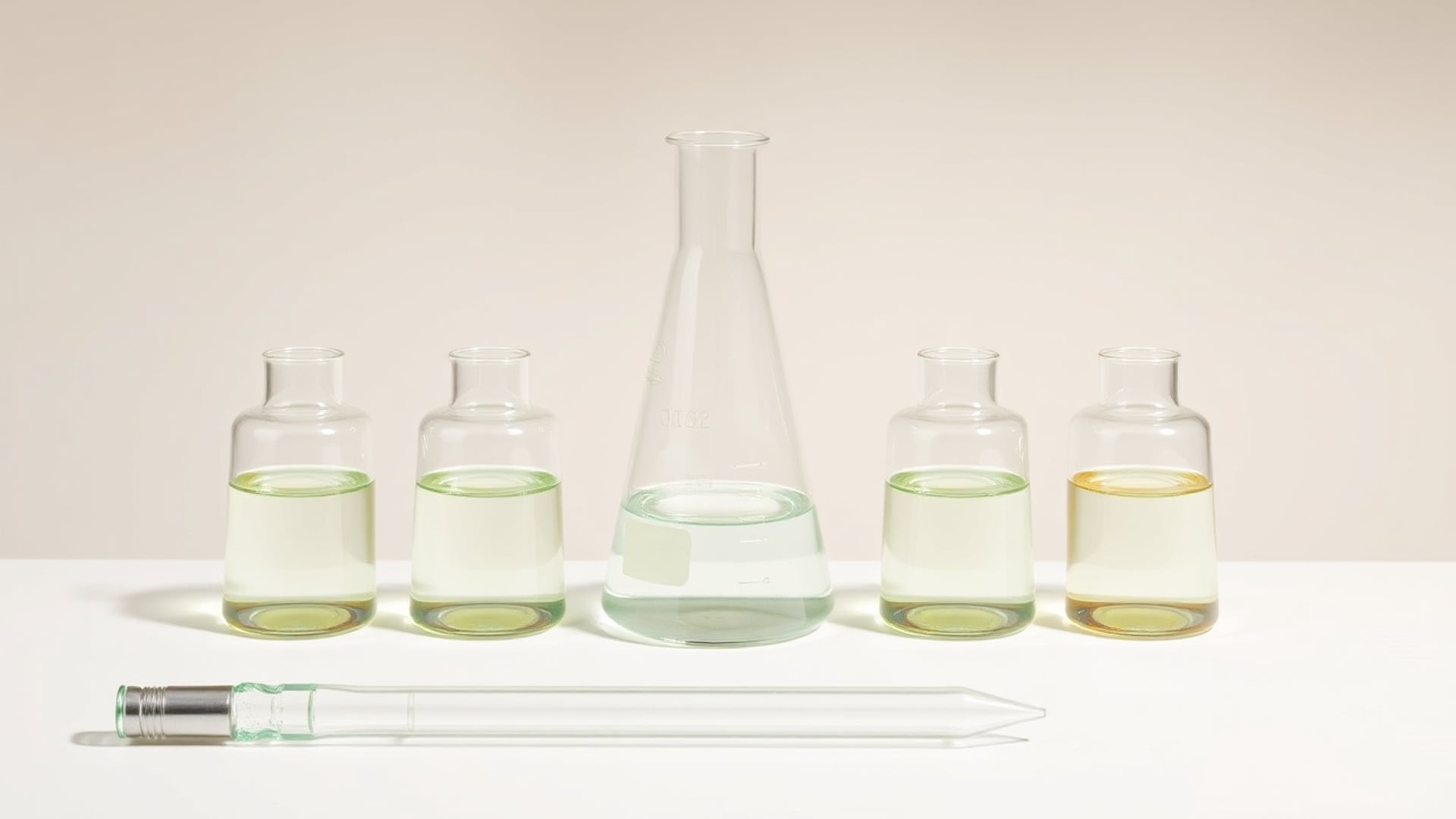 Illustration of glass bottles and a flask holding liquid at slightly different levels, with a glass pipette in front