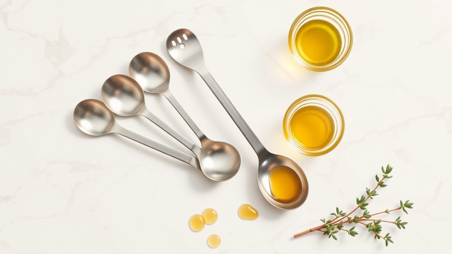 Illustration of plain steel measuring spoons on marble, one holding honey, beside two small bowls of oil and thyme