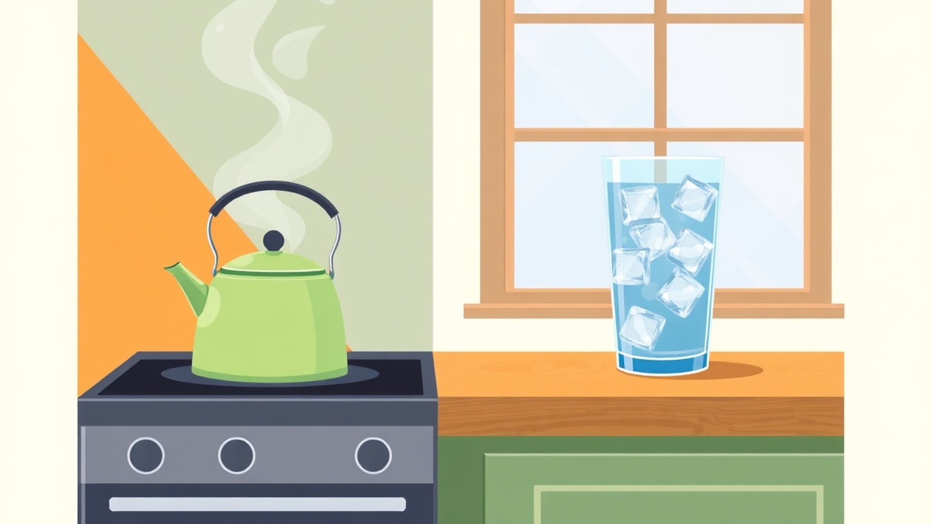 Illustration of a steaming green kettle on a stove beside a glass of iced water by a window
