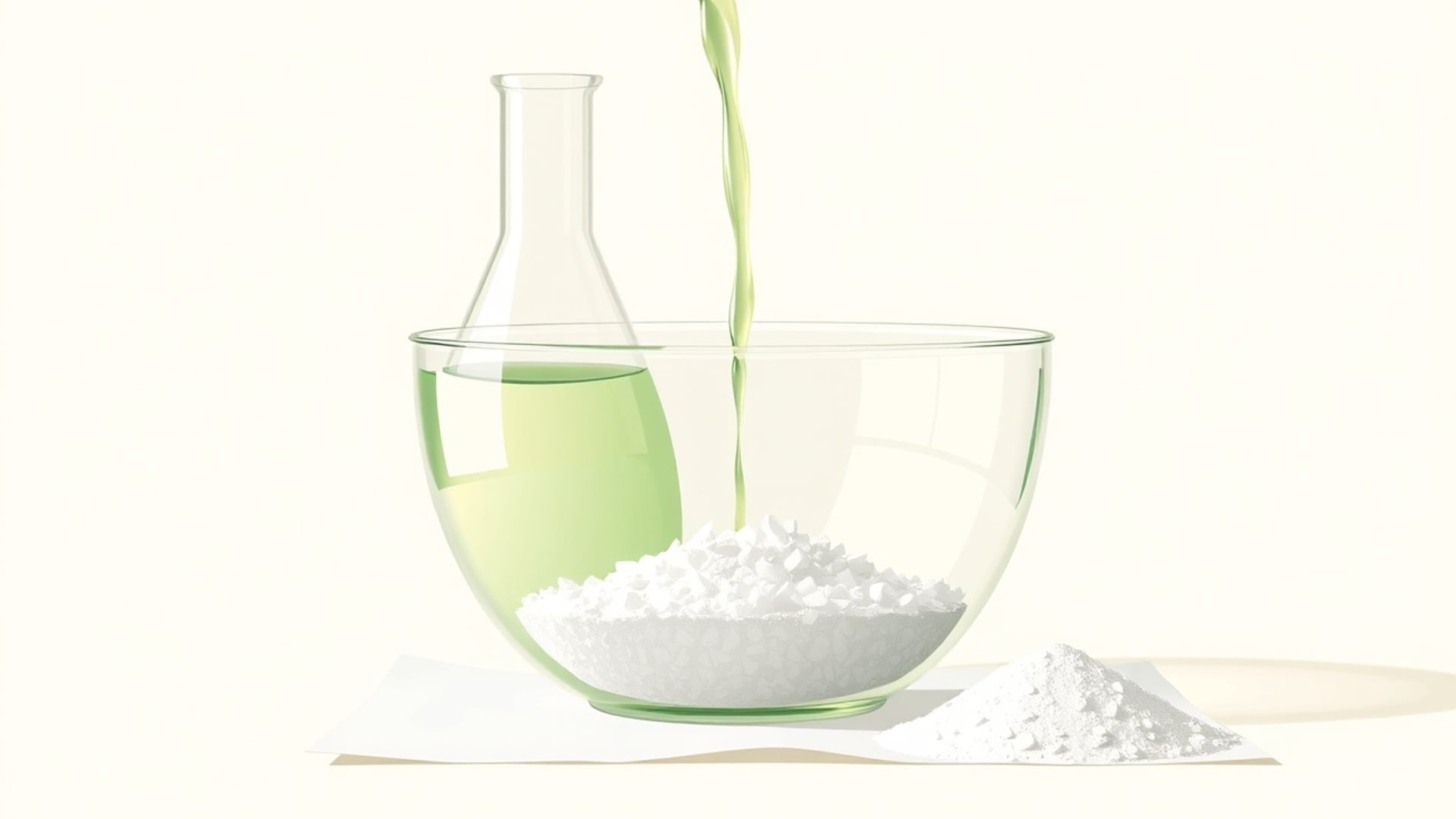 Illustration of two flasks poured into a glass bowl where white crystals settle, beside powder on a filter paper