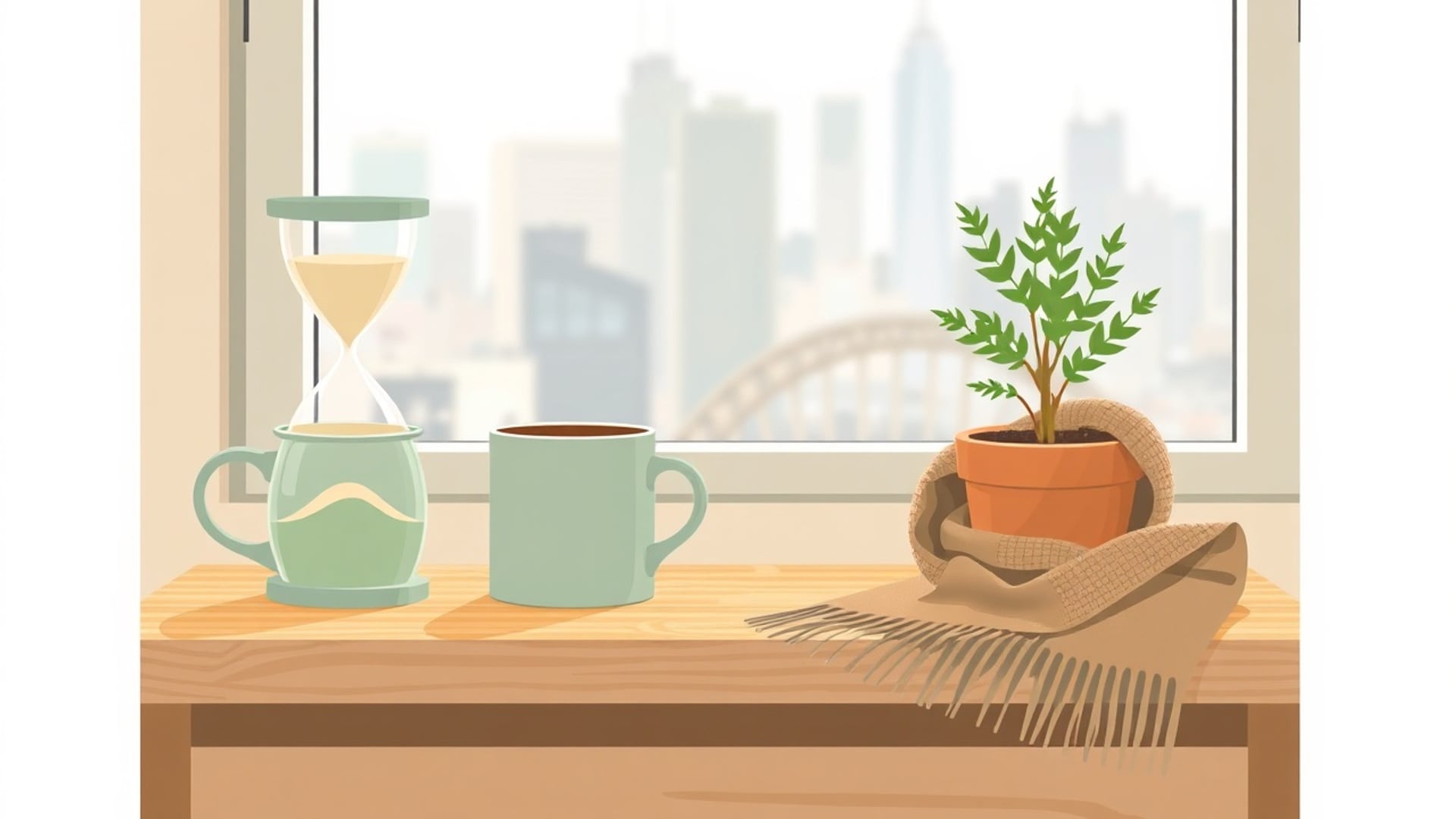 Illustration of an hourglass, two mugs, a folded scarf and a potted plant on a desk by a window with a city view