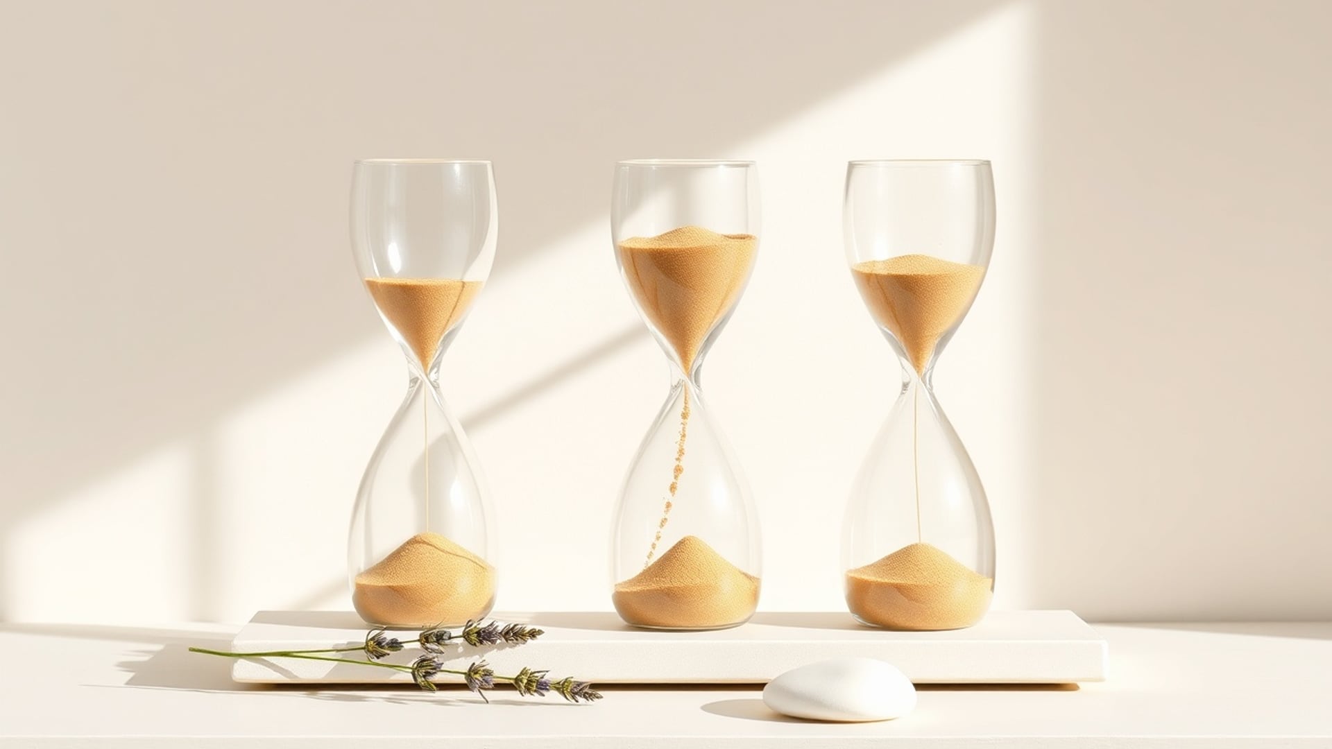 Illustration of three glass hourglasses with falling sand on a pale shelf beside a sprig of lavender and a white pebble