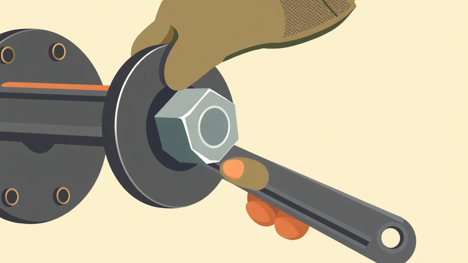 Illustration of a gloved hand pressing on the end of a steel wrench fitted to a bolt on a metal flange