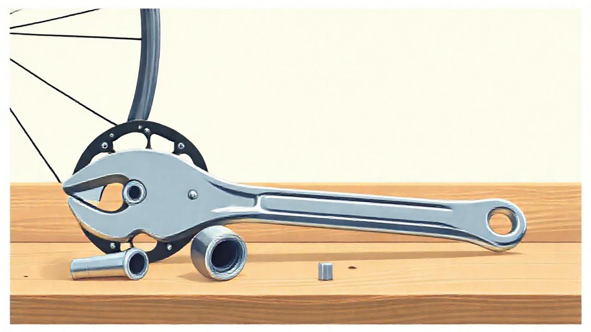 Illustration of a chrome ratchet wrench and sockets on a wooden workbench beside a bicycle wheel