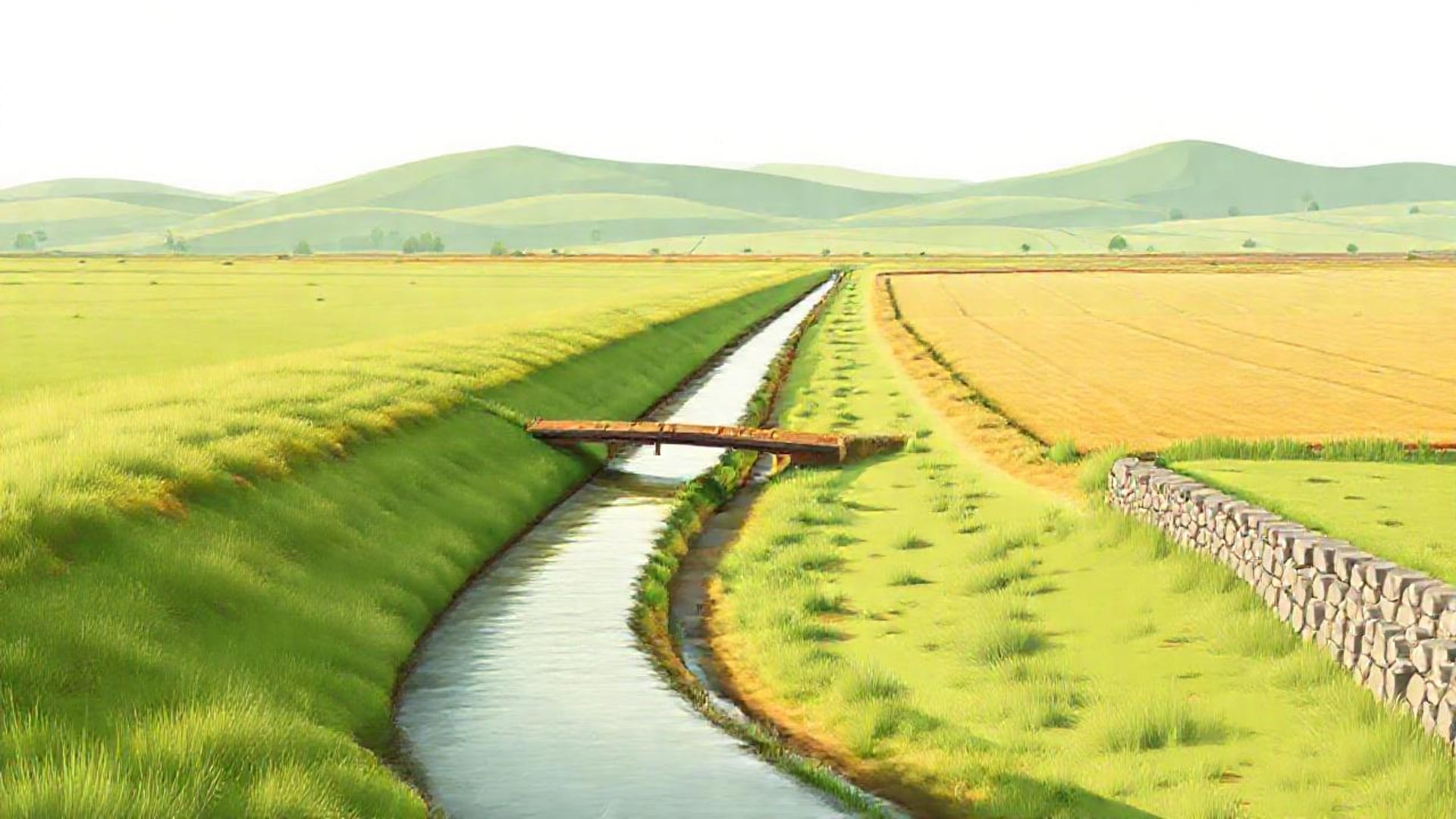 Illustration of an irrigation channel with sloping grassy banks crossing farmland, with a footbridge and a stone wall