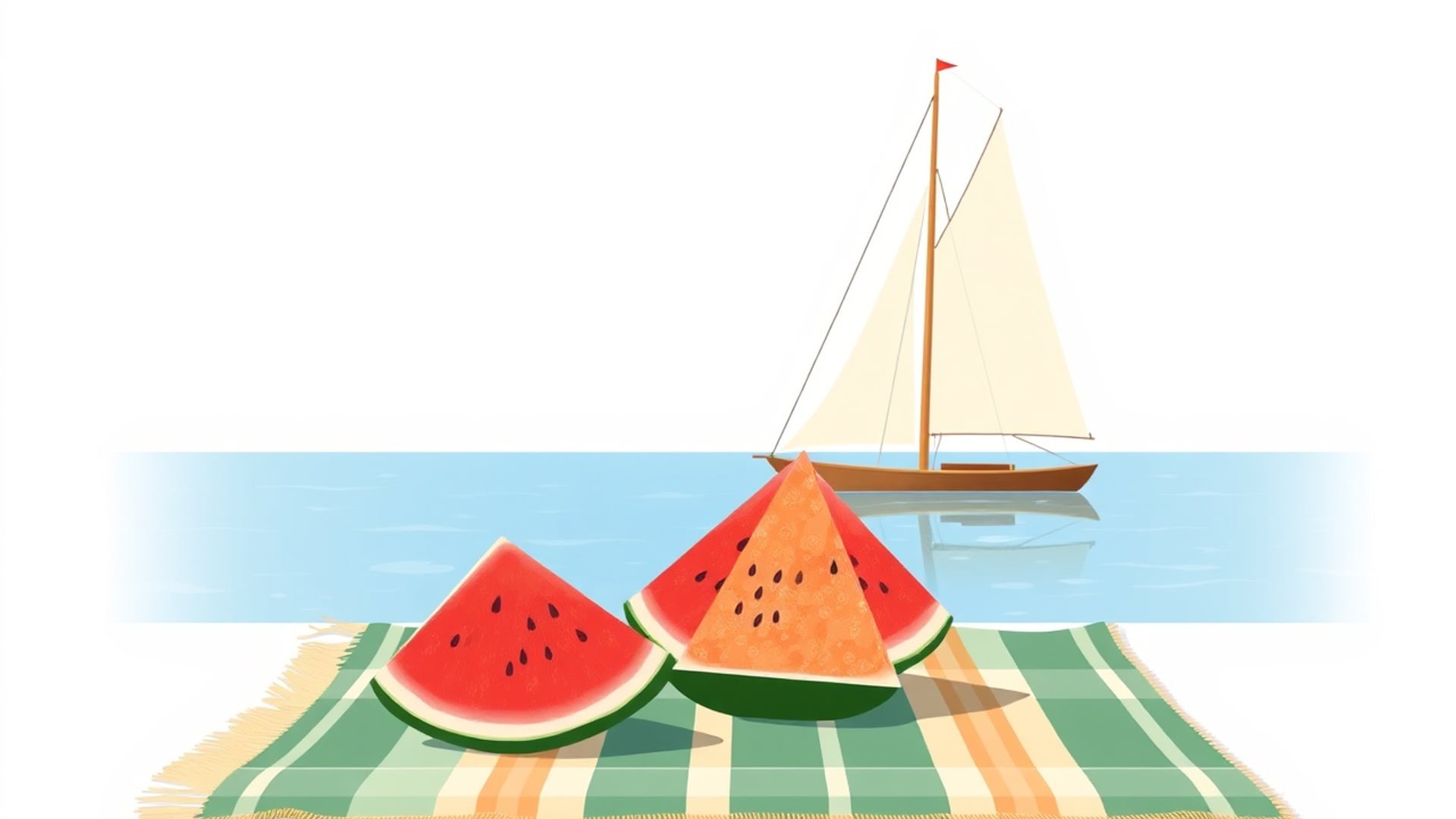 Illustration of a sailboat on calm water behind watermelon wedges on a checked picnic blanket
