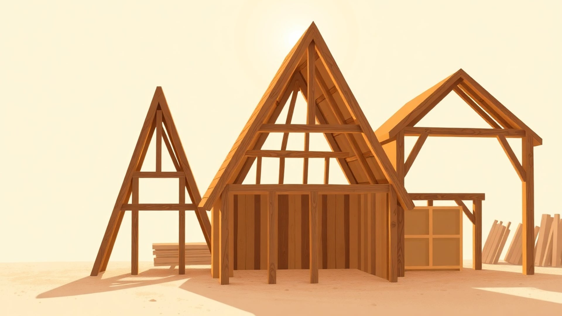 Illustration of three triangular wooden roof trusses and timber frames standing in a sunny yard