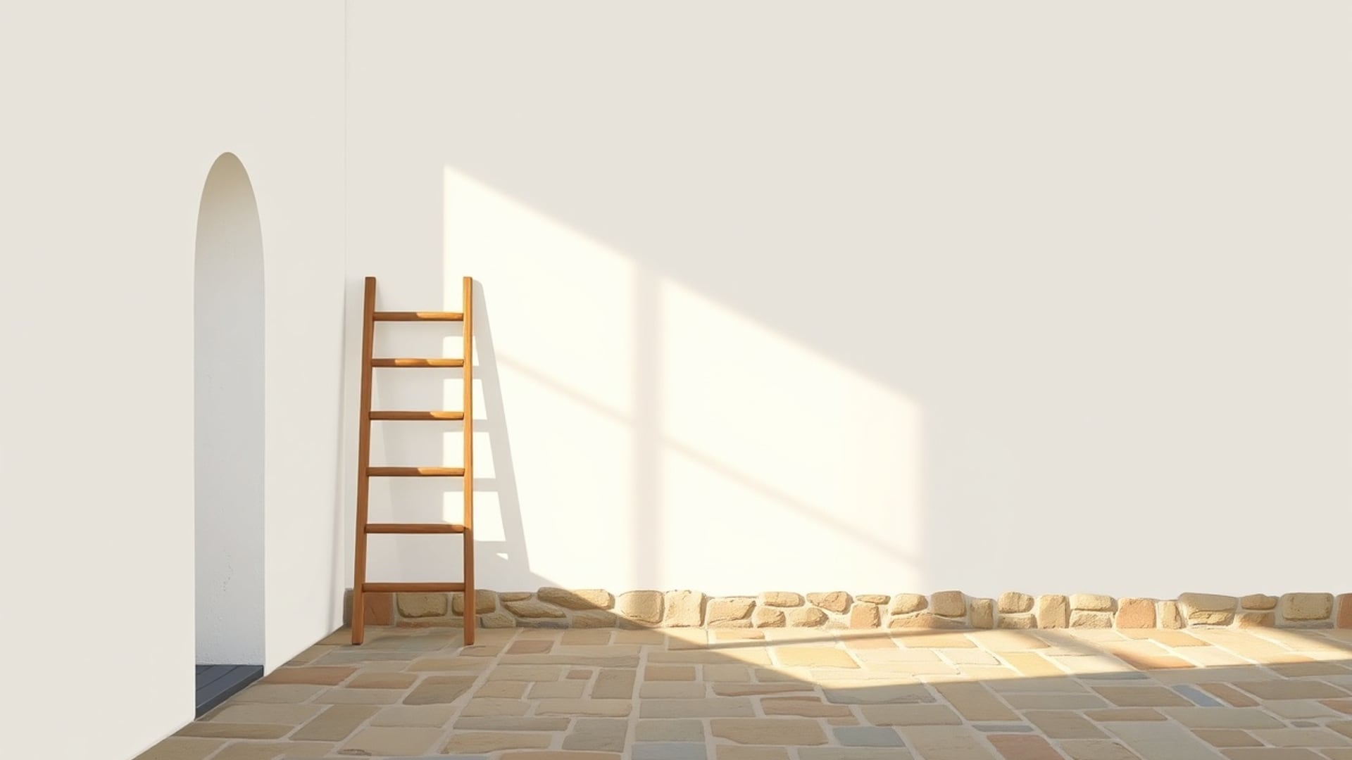 Illustration of a wooden ladder standing against a white wall in a sunlit stone courtyard