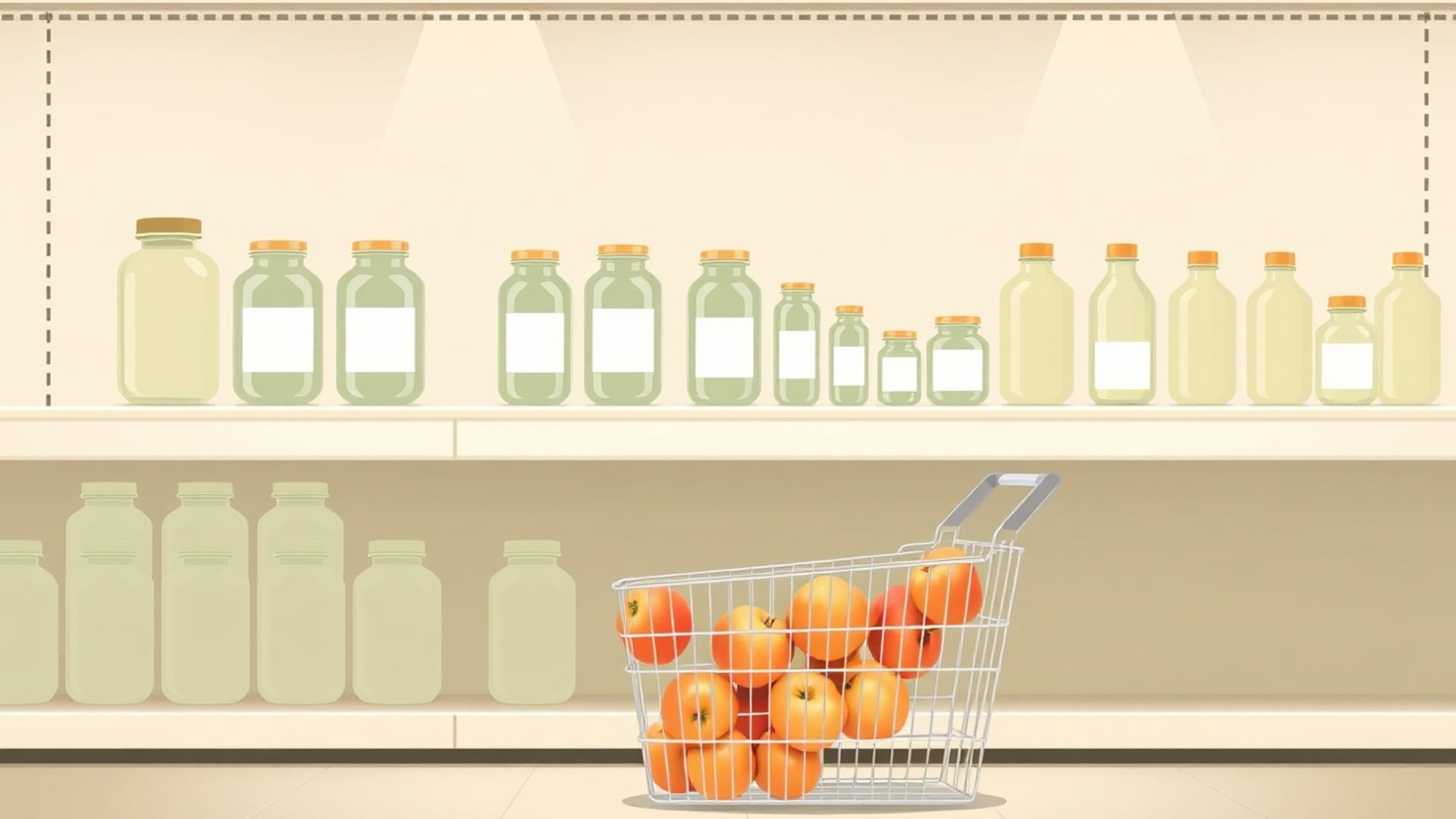 Illustration of store shelves of plain jars and bottles in several sizes, with a wire basket of fruit in front