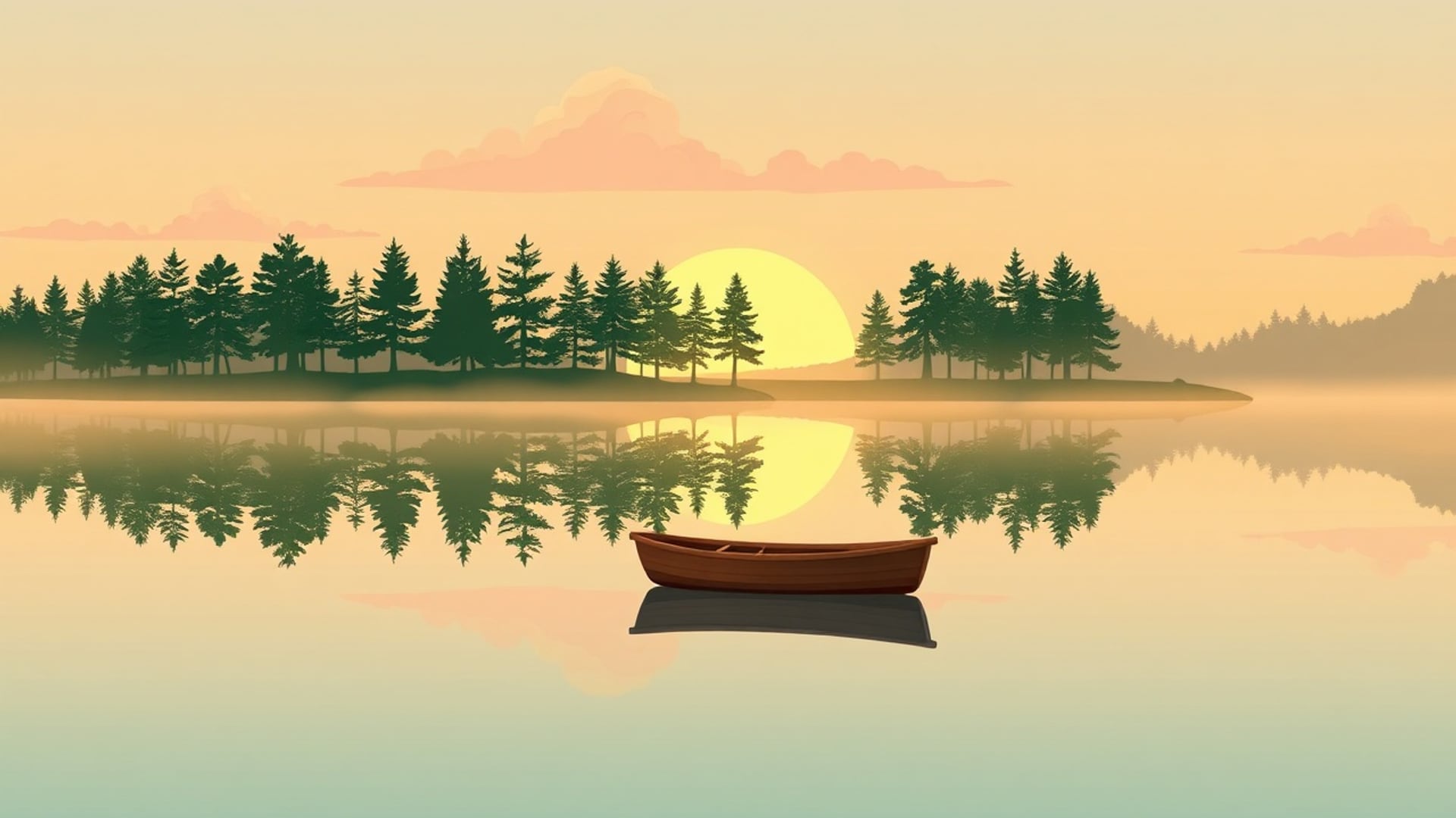 Illustration of pine trees and a setting sun mirrored in a still lake, with a small wooden rowboat on the water