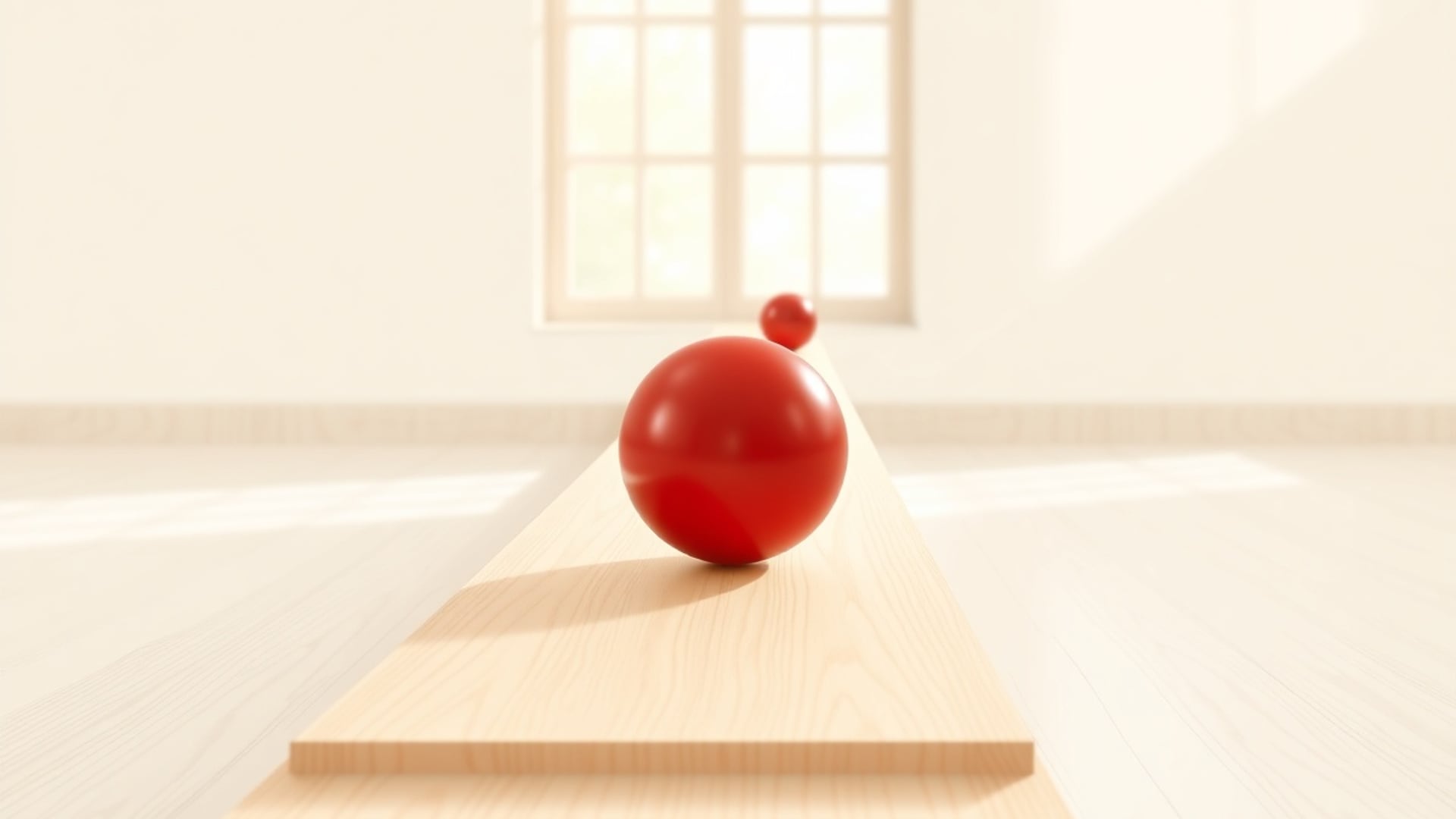 Illustration of a red ball rolling down a wooden ramp with a second ball waiting at the top