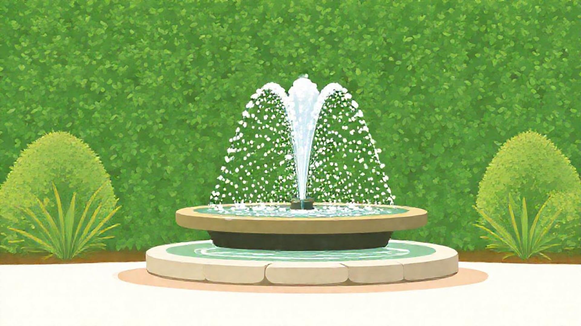 Illustration of a fountain spraying water over a round stone basin in front of a green hedge