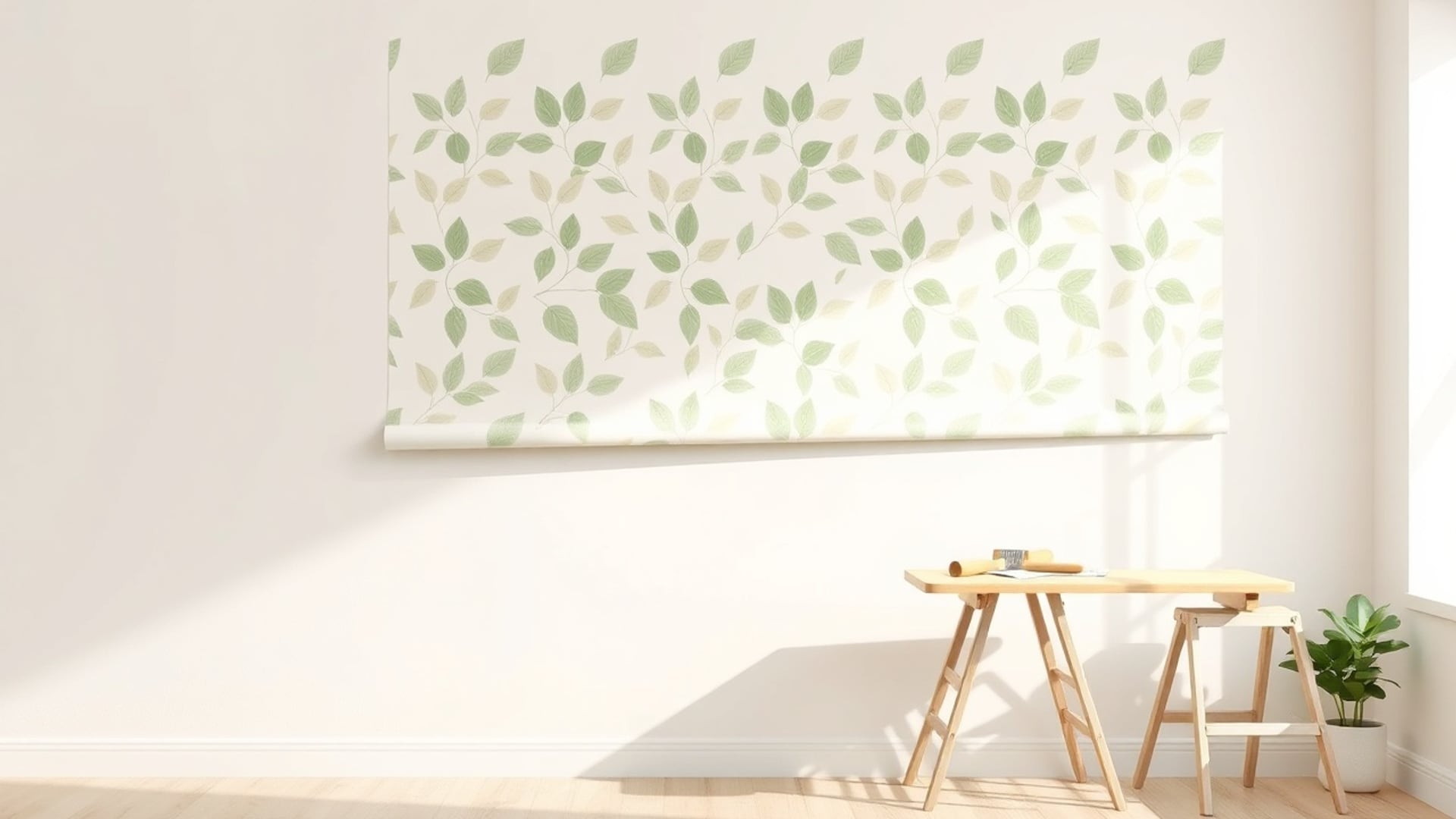 Illustration of a pale wall with a wide strip of green leaf wallpaper and a pasting table on trestles