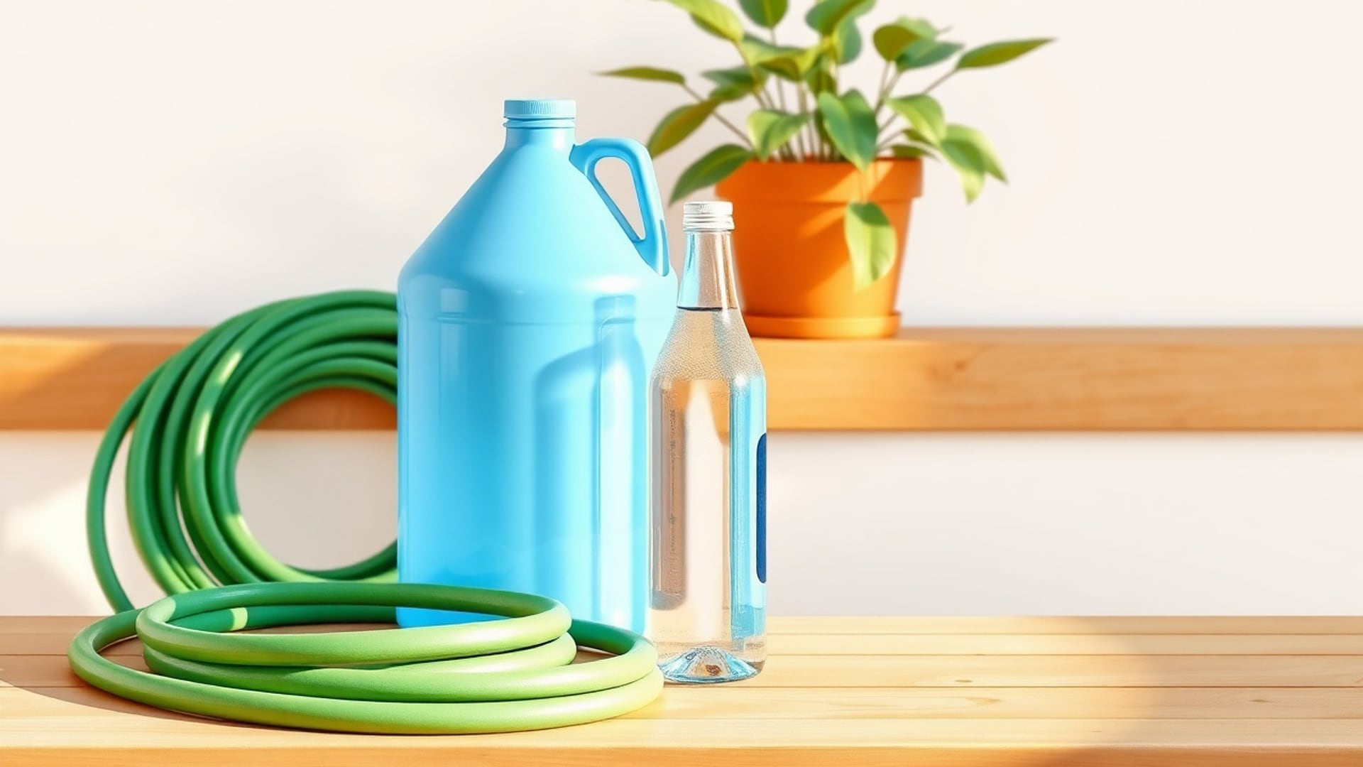 Illustration of a blue water jug, a glass bottle of water and a coiled green hose on a wooden bench