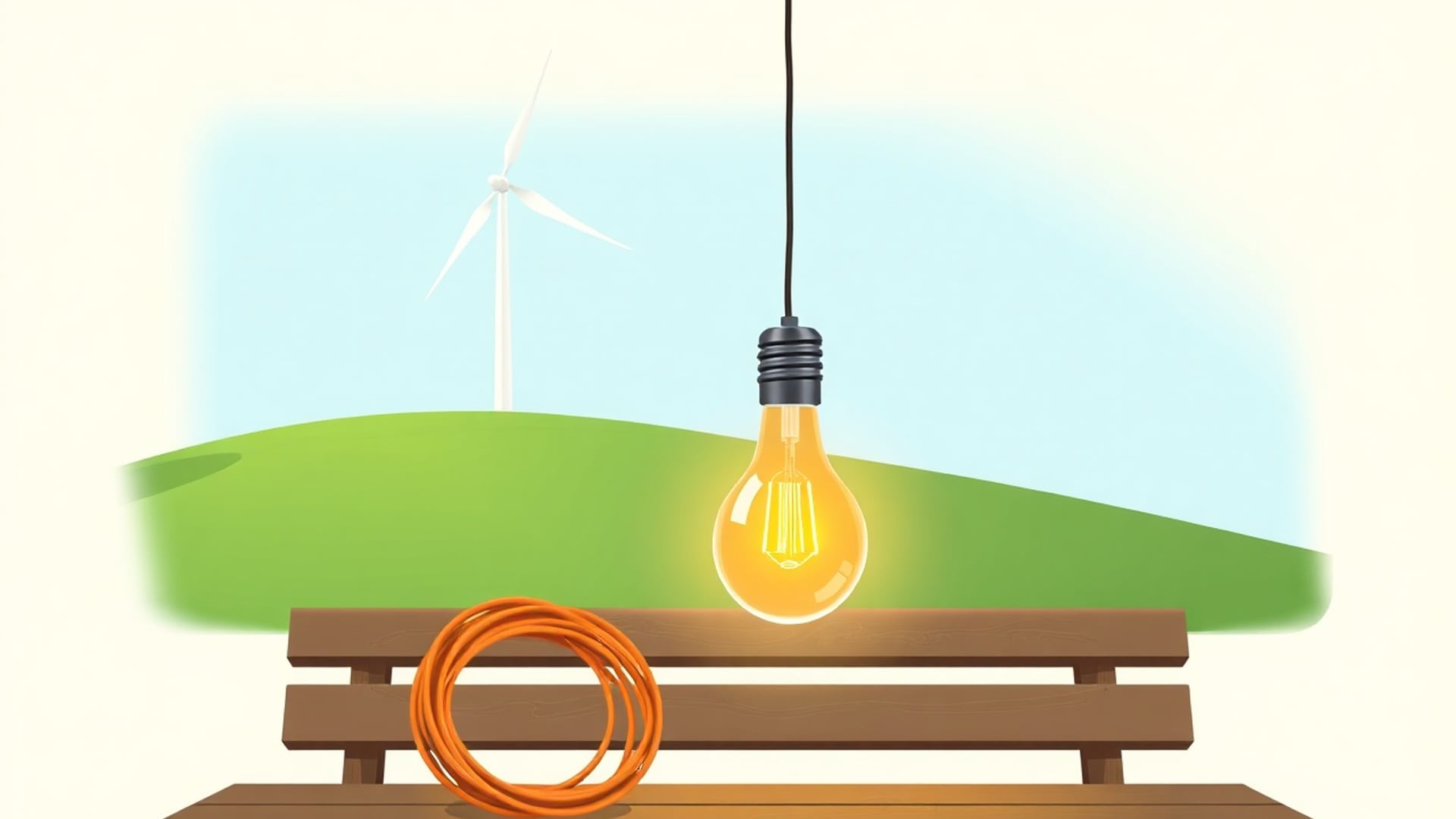 Illustration of a wind turbine on a hill with a glowing light bulb and a coil of copper wire in front