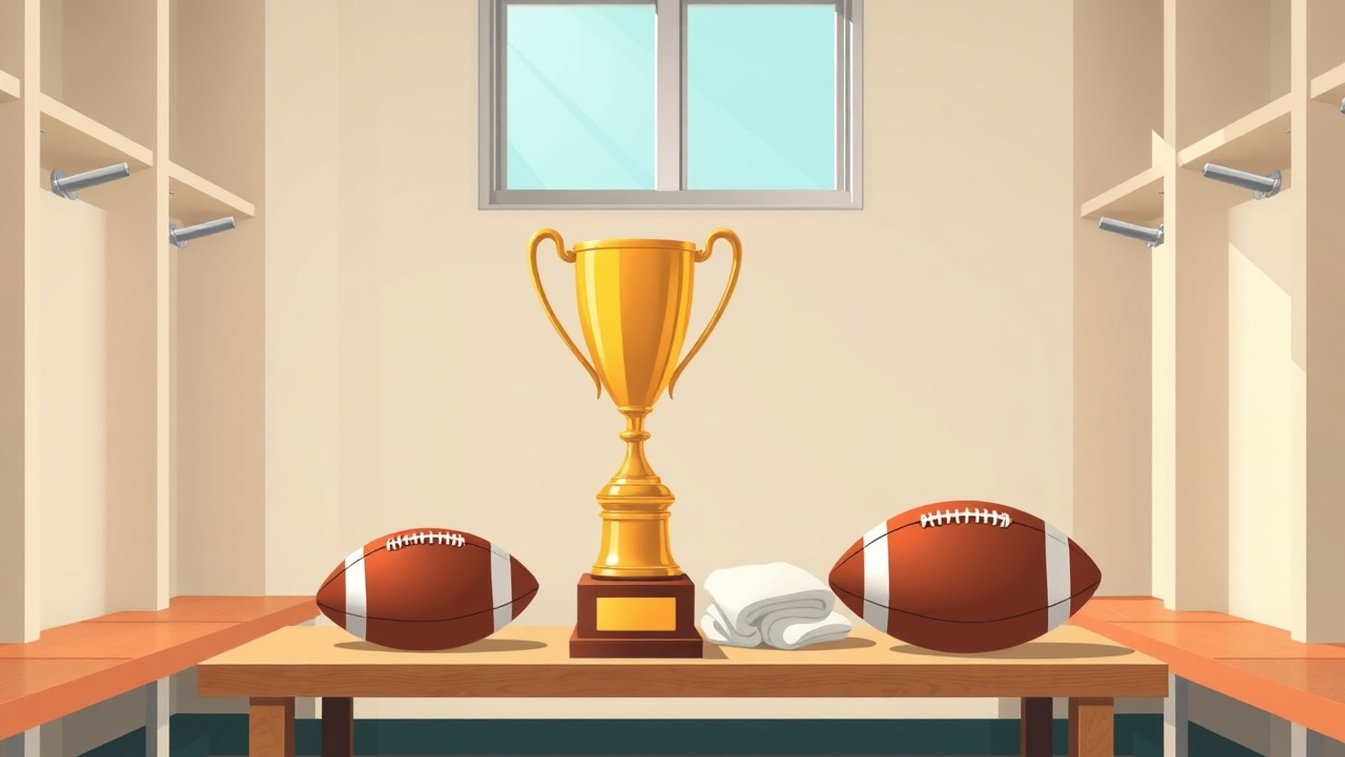 Illustration of a gold trophy cup on a locker room bench between two footballs, with a folded white towel