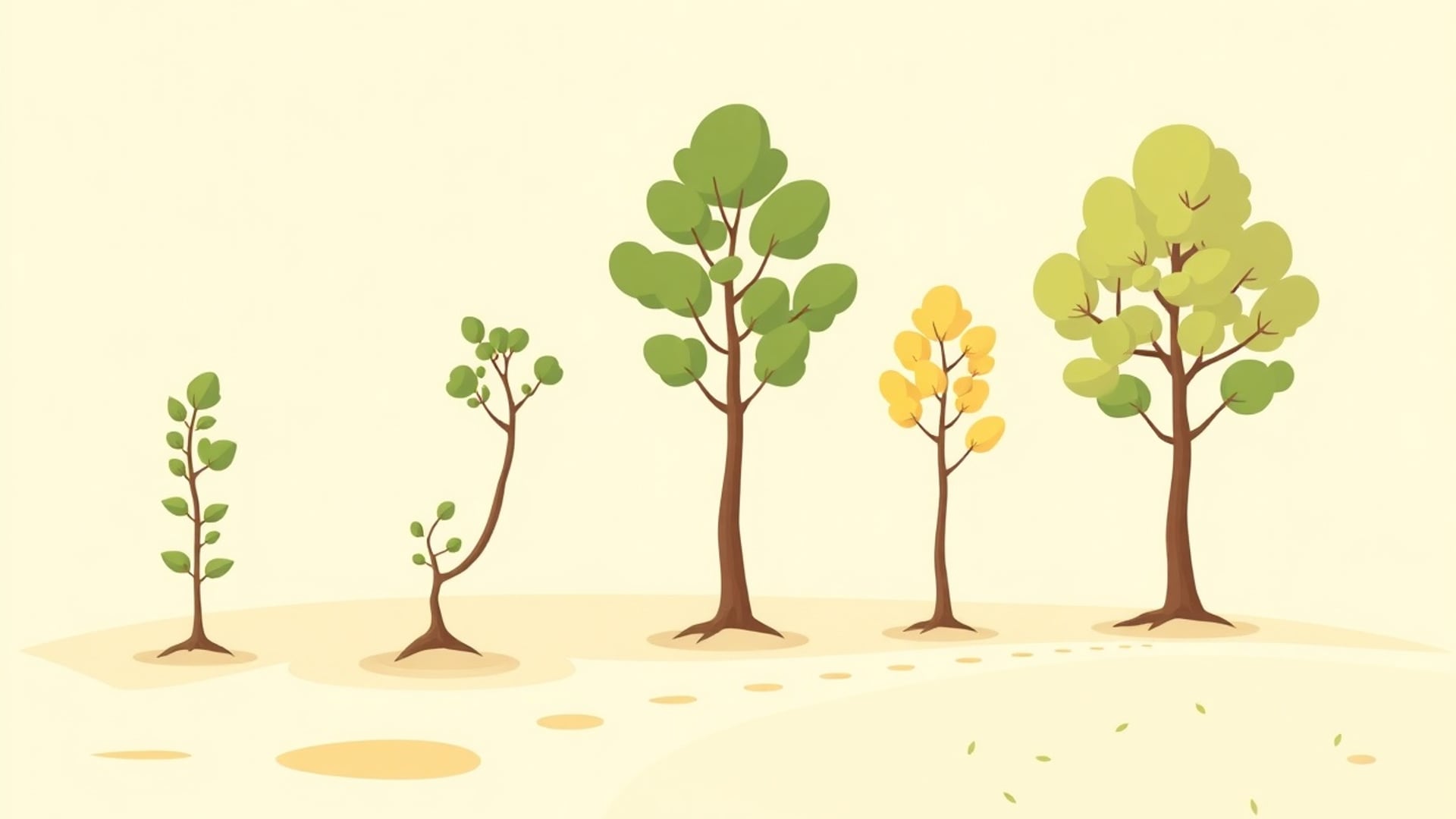Illustration of five saplings planted at different times growing into trees of very different heights along a gentle path
