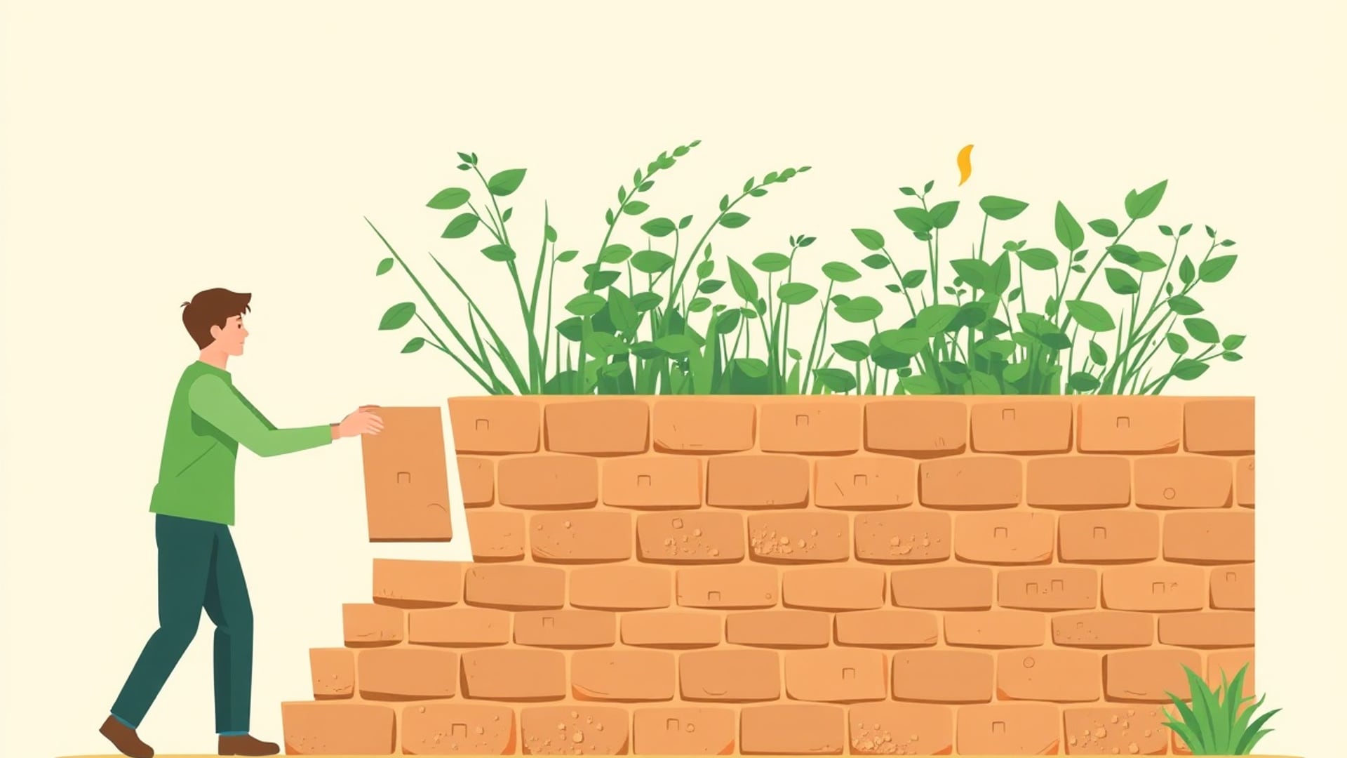 Illustration of a person handling a brick at the base of a brick wall with a garden growing on top