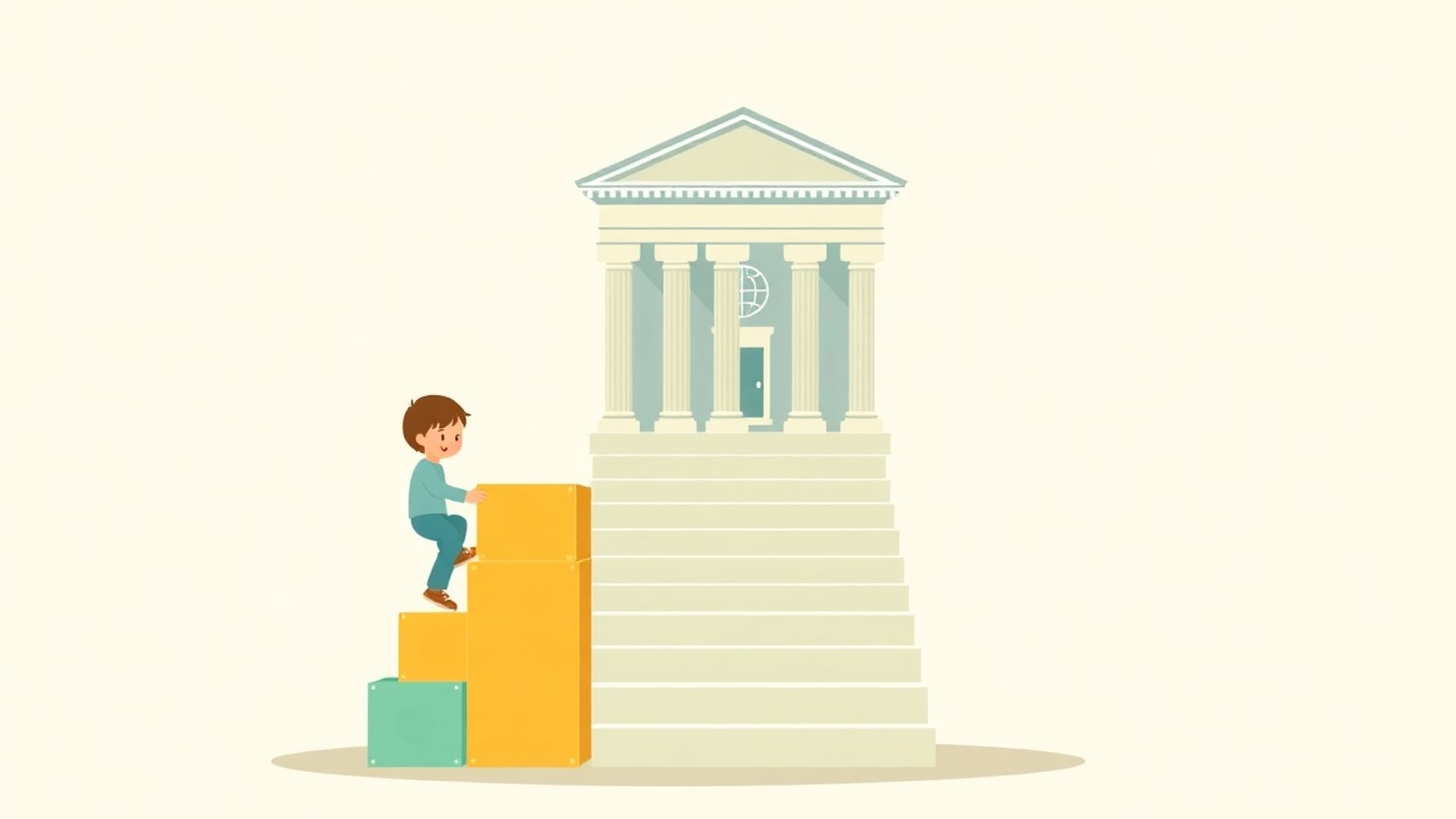 Illustration of a small child stacking building blocks that turn into a staircase leading to a university building