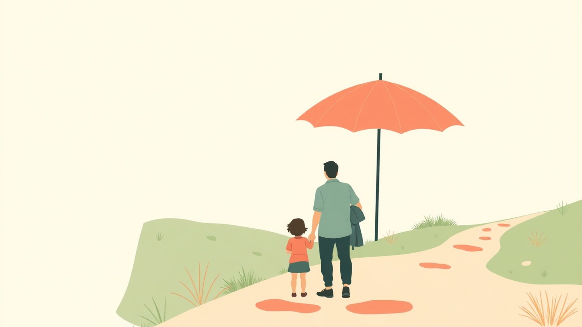 Illustration of a family standing under a large umbrella at the edge of a cliff path, a gentle rain falling beyond it