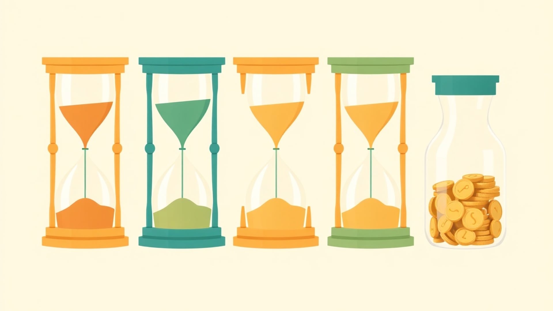 Illustration of four hourglasses in a row beside a glass jar of coins