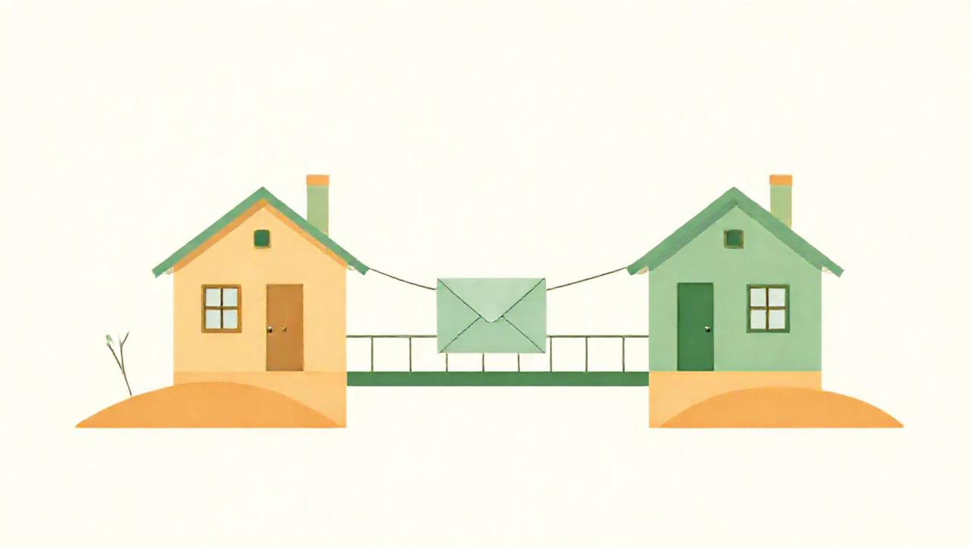 Illustration of two separate small houses connected by a gentle footbridge with an envelope passing across