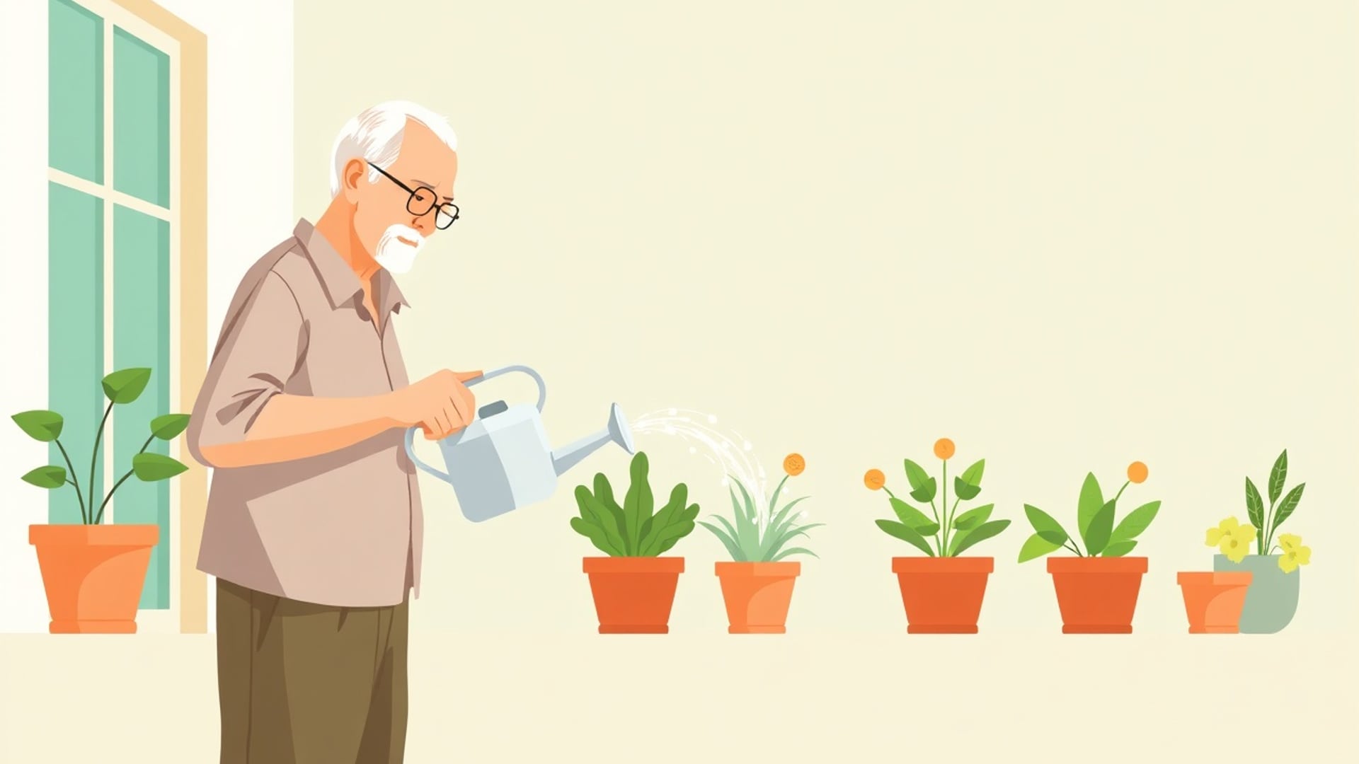 Illustration of an older man watering a long row of potted plants on a sunny balcony
