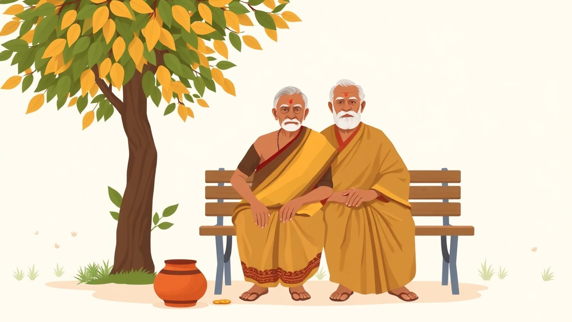 Illustration of an elderly Indian couple sitting on a bench under a neem tree, a small clay pot of coins beside them