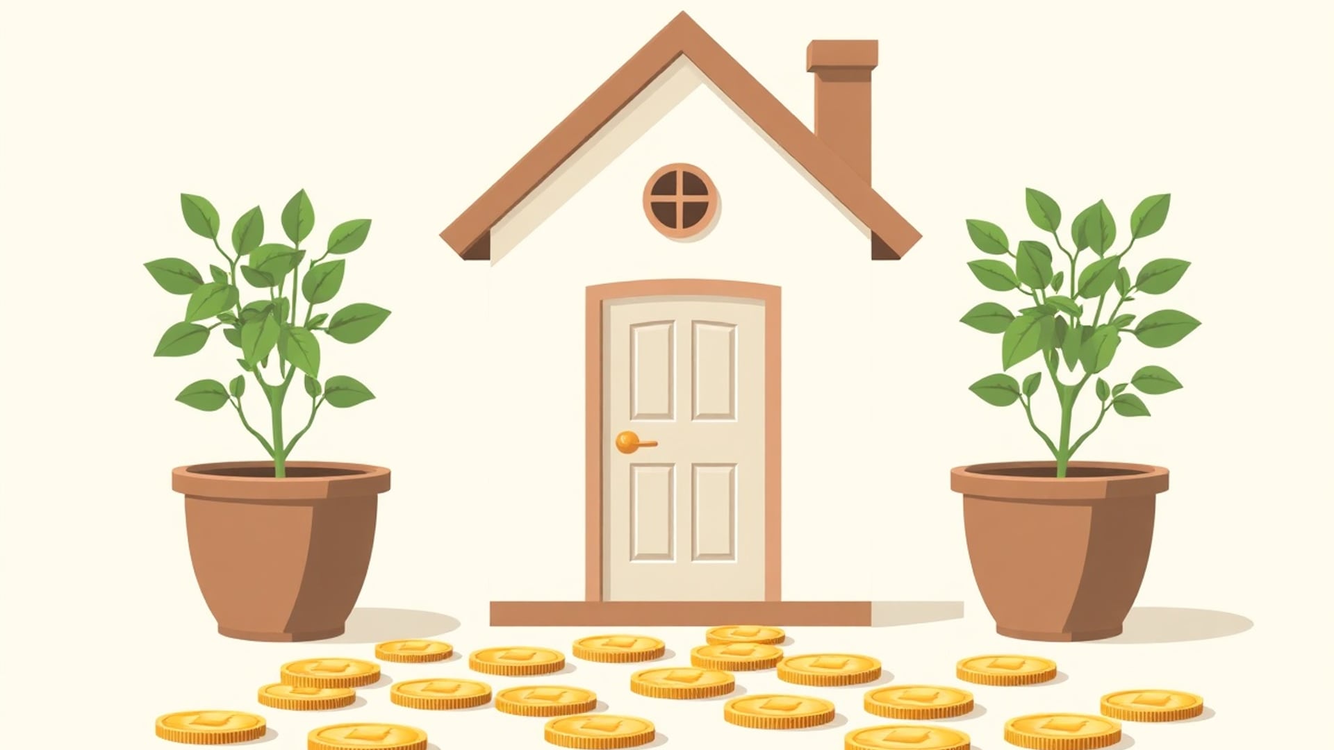 Illustration of a small house beside two matching potted plants growing side by side