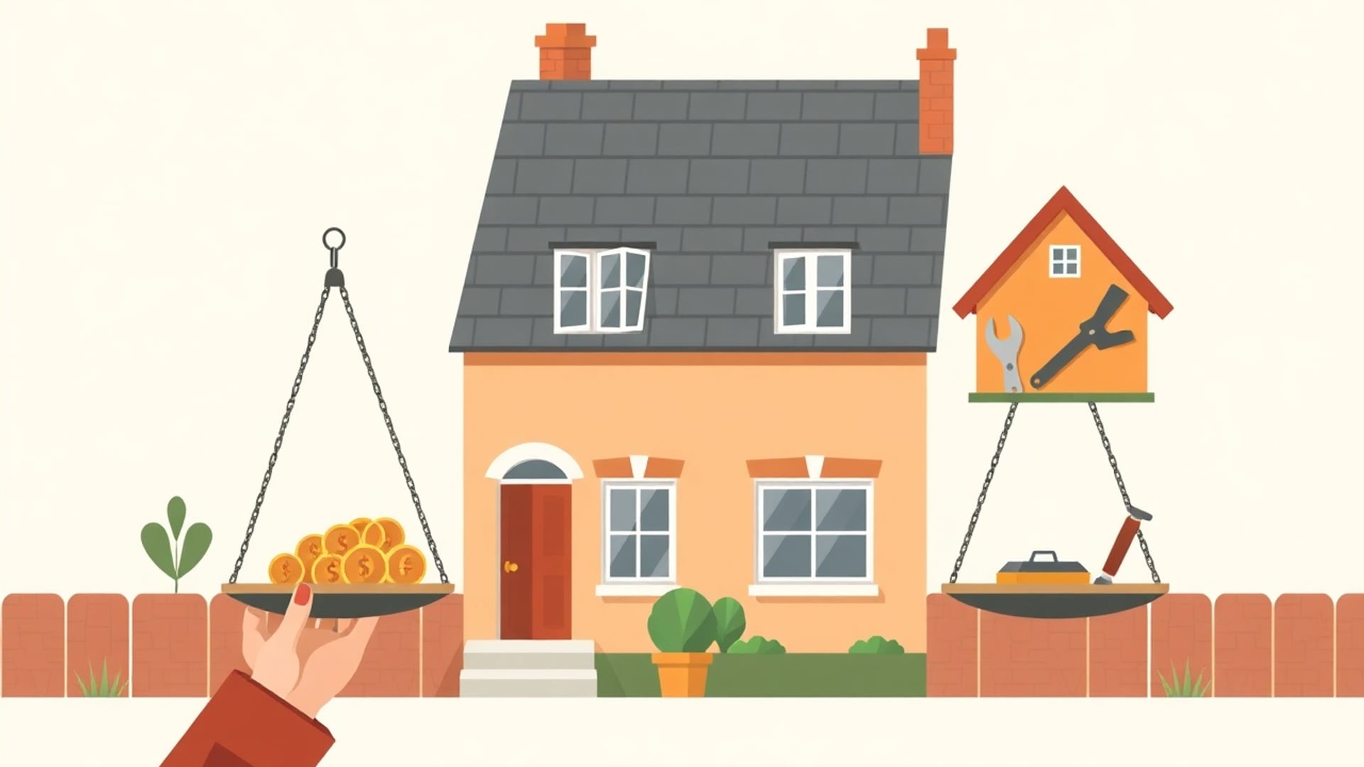 Illustration of a small rented terraced house with a landlord holding a balance scale