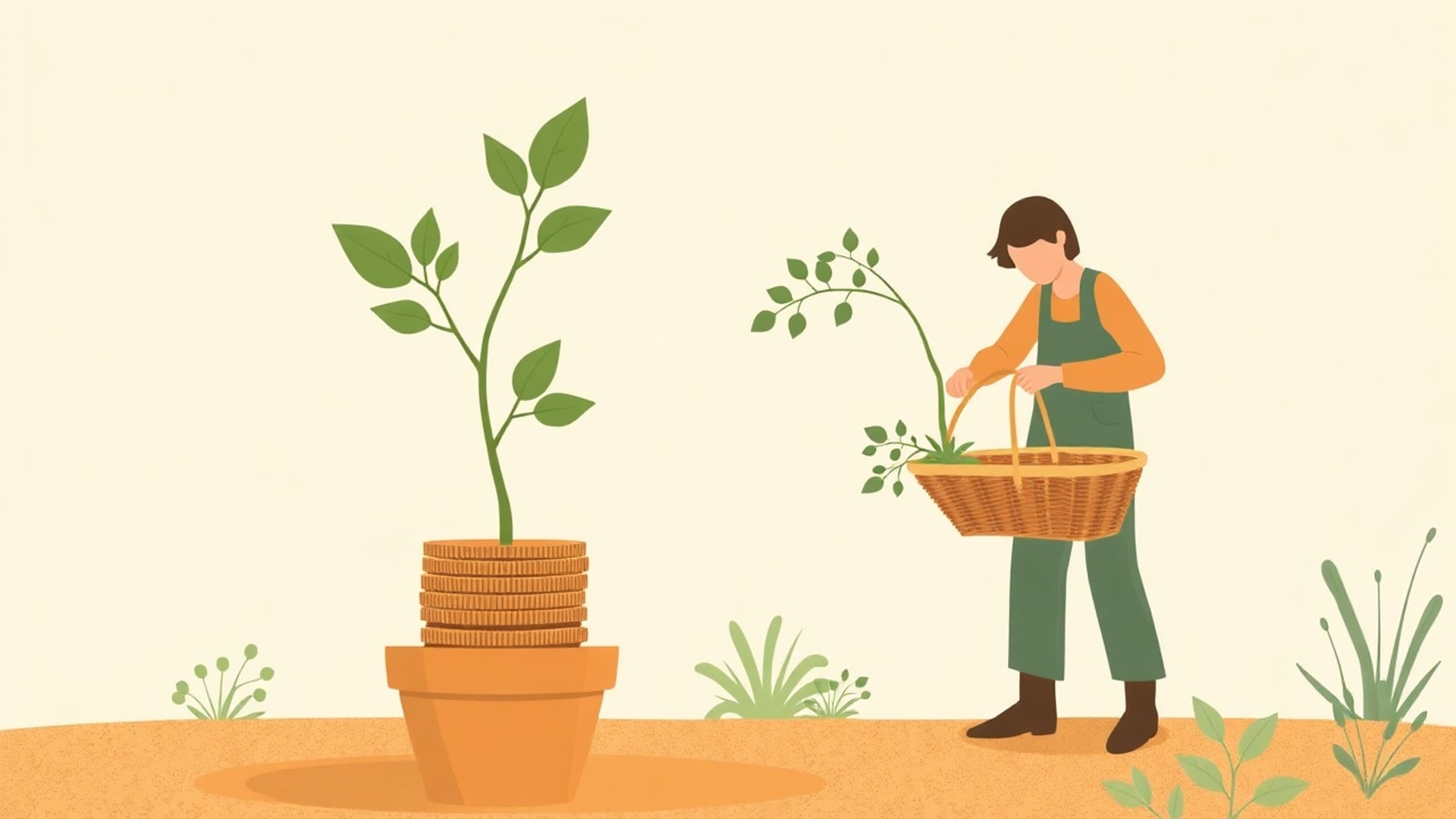 Illustration of a young tree growing from a stack of coins in a terracotta pot, a gardener trimming one branch into a basket