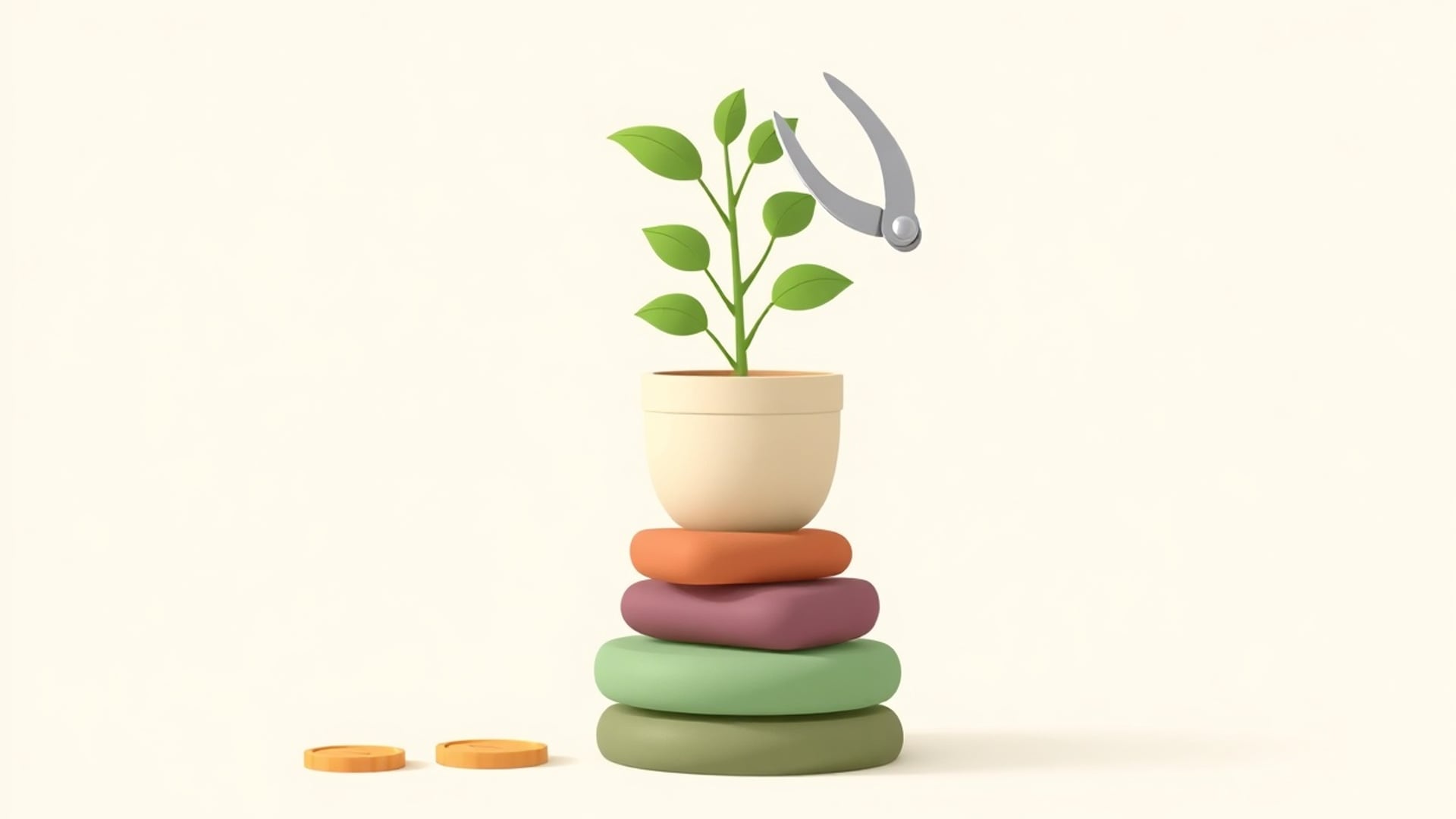 Illustration of a potted seedling on a stack of smooth stones beside a pair of pruning shears