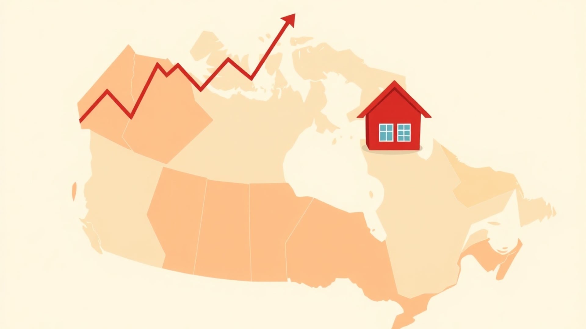 Illustration of a rising red line and a small red house over a map of Canada