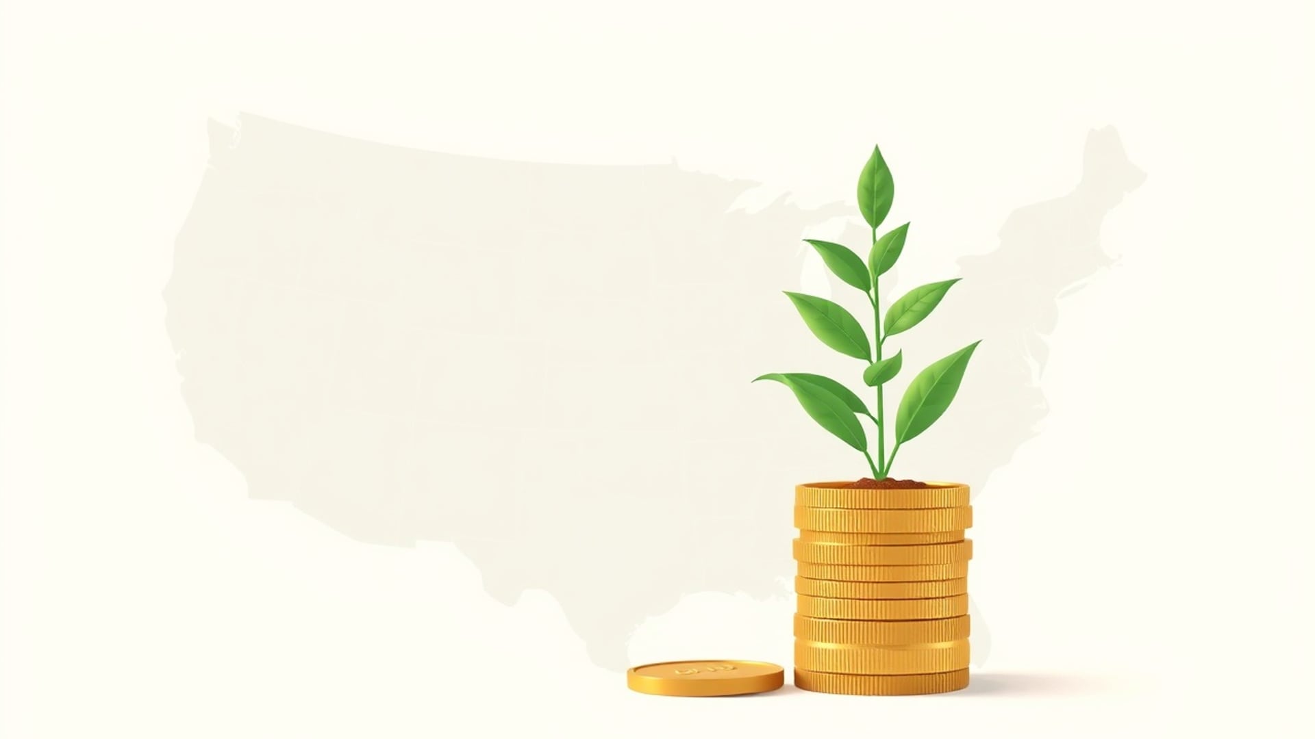 Illustration of a small potted plant growing from a stack of coins beside a stylised map of the United States