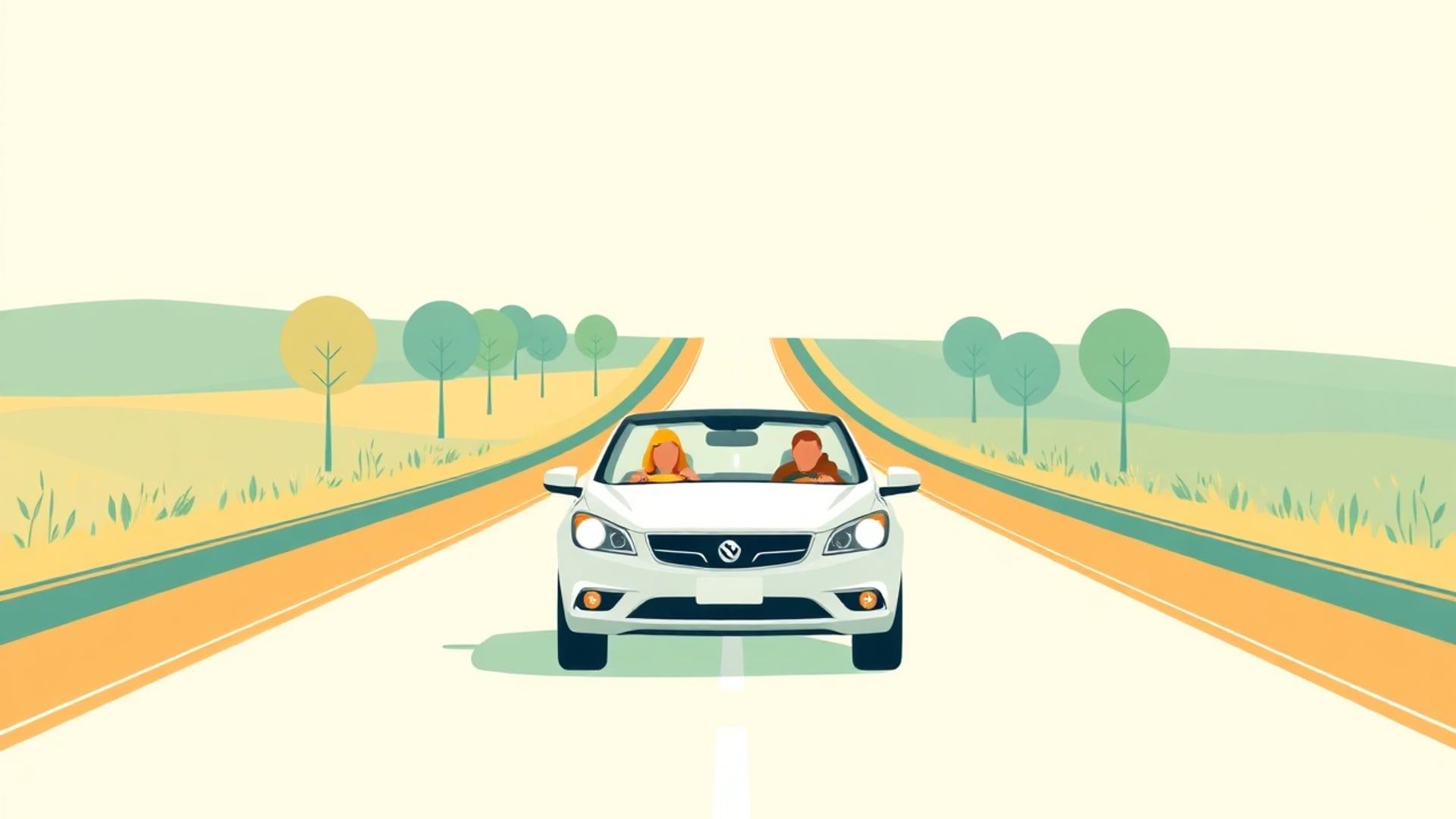 Illustration of a family car driving along a road that stretches into four lanes of increasing length toward the horizon