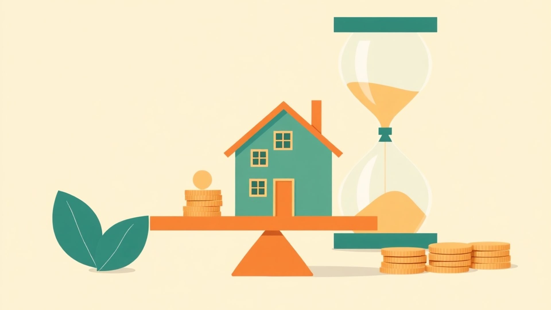 Illustration of a house and a few coins on a balance scale beside a large hourglass