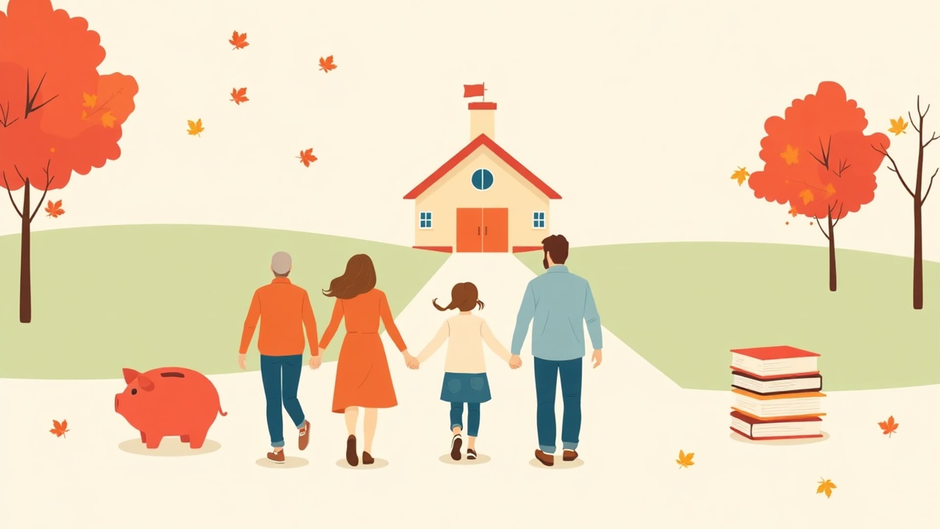 Illustration of a family of four walking toward a schoolhouse, with a piggy bank and a stack of books